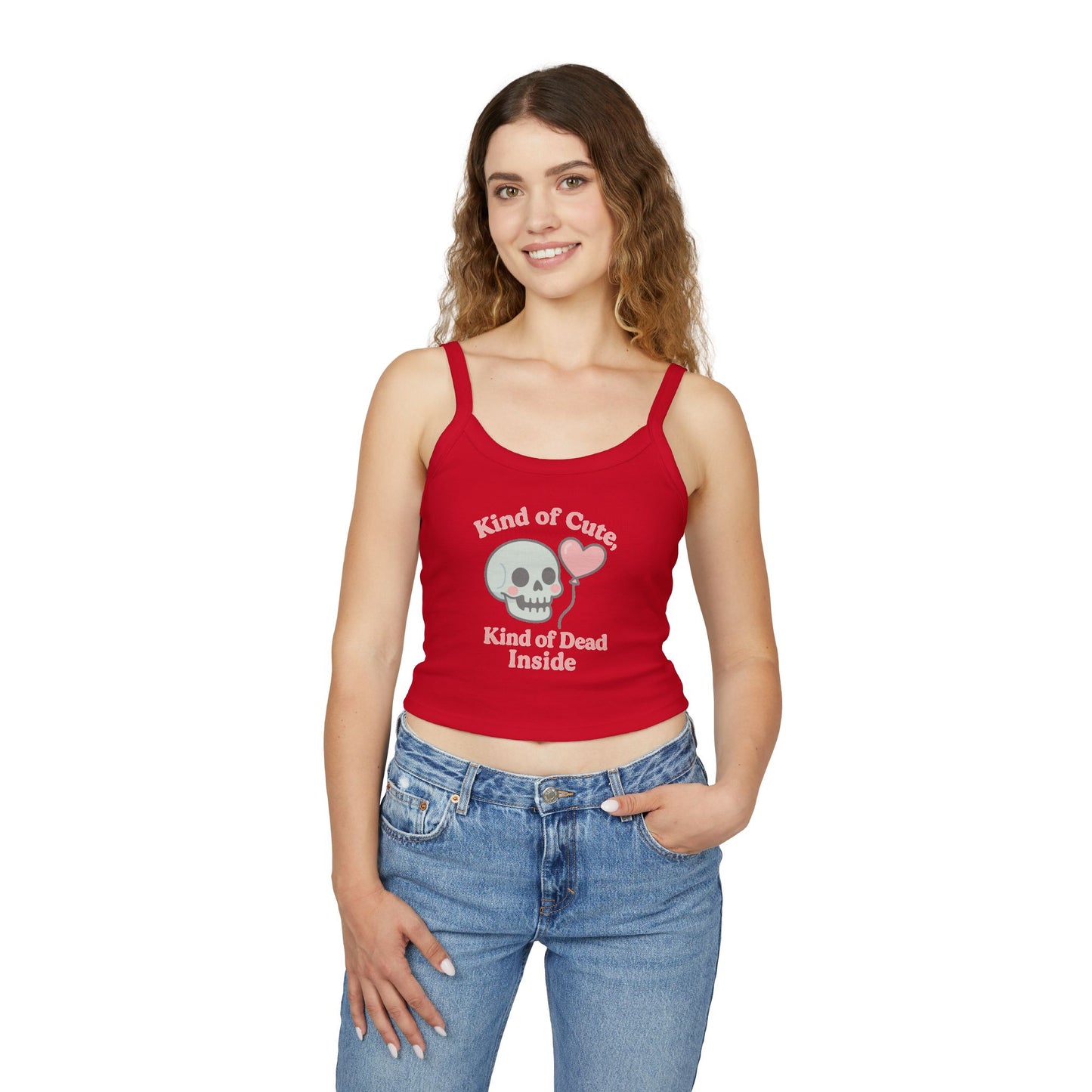 "Kinda Cute, Kinda Dead Inside" Skull/Heart Graphic Women's Spaghetti Strap Tank