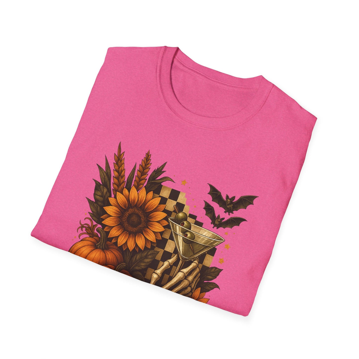 Halloween, Autumn Floral Skeleton Hand with Martini Tee-Shirt