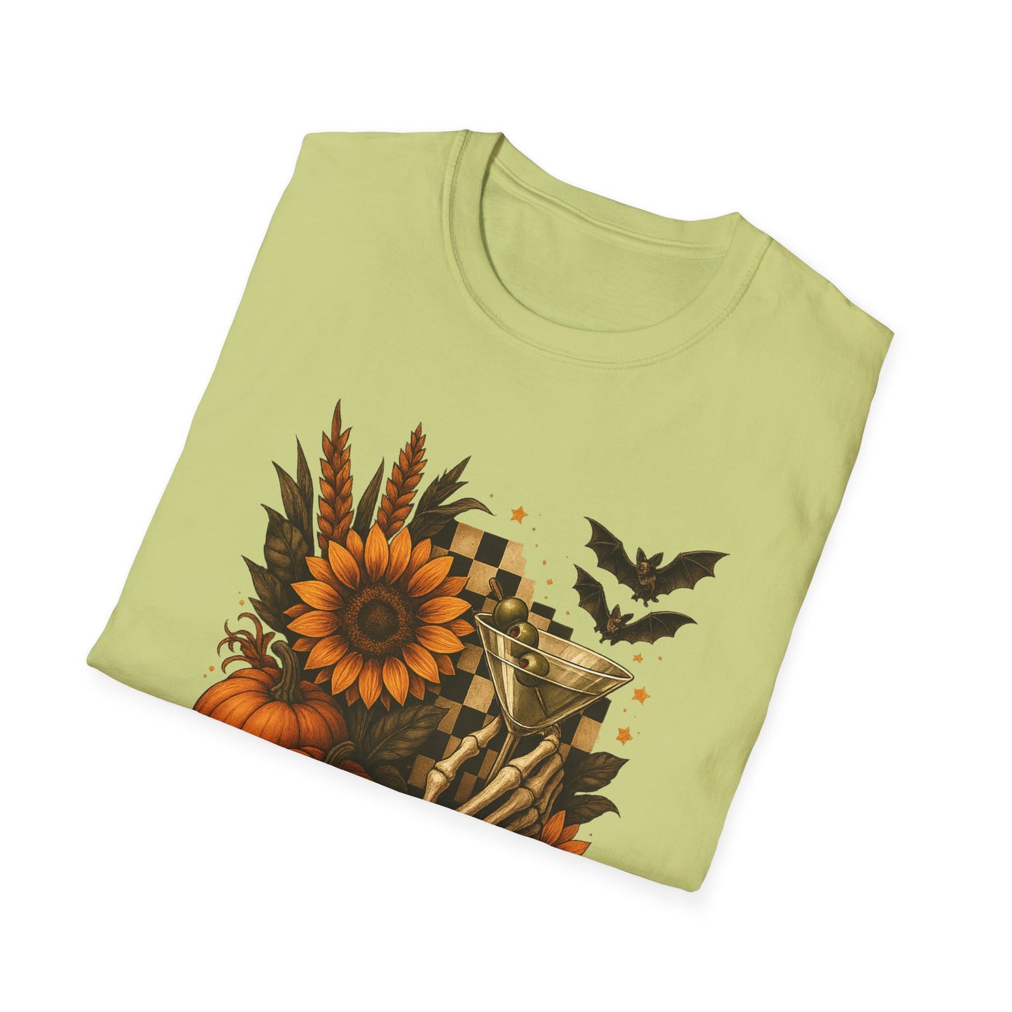 Halloween, Autumn Floral Skeleton Hand with Martini Tee-Shirt