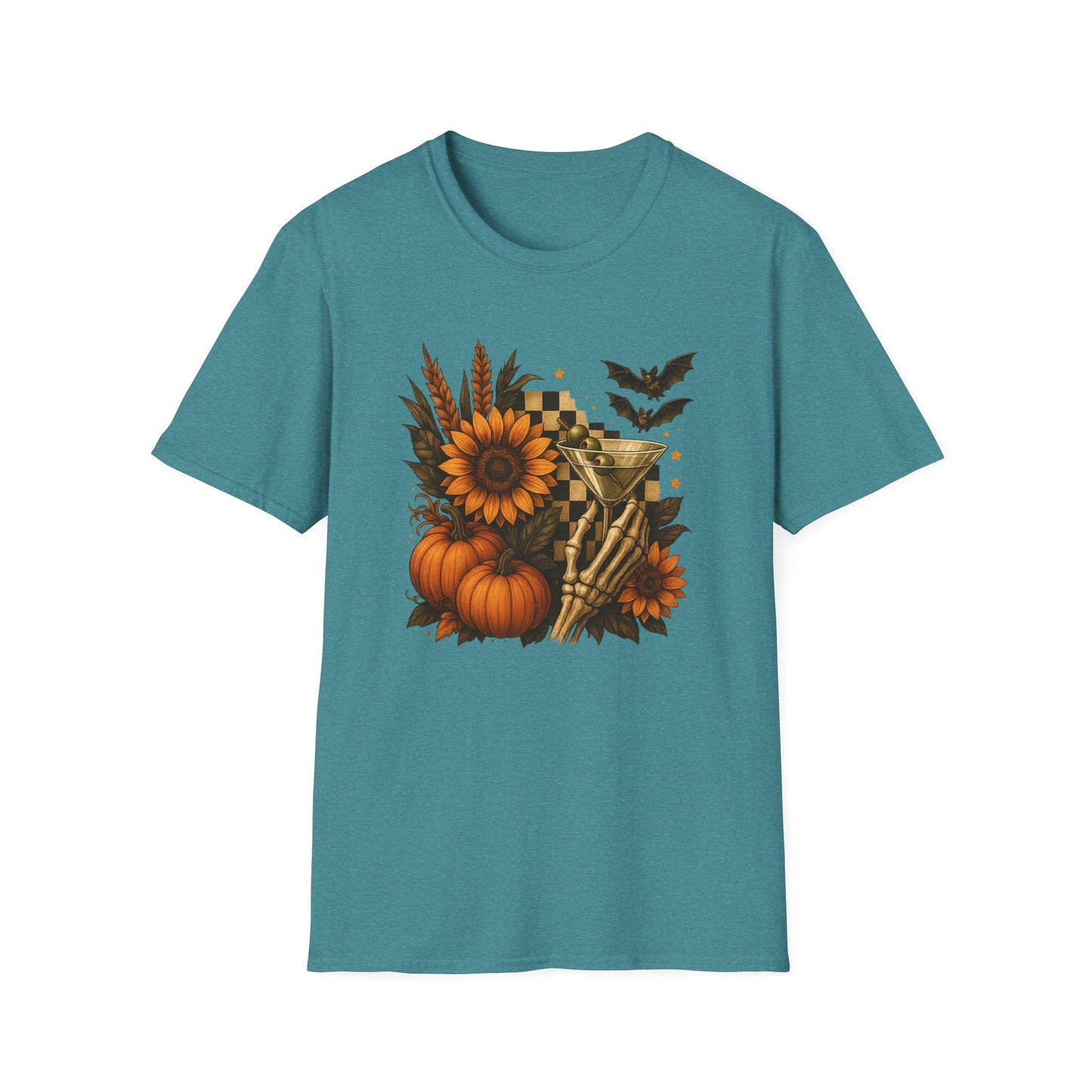 Halloween, Autumn Floral Skeleton Hand with Martini Tee-Shirt