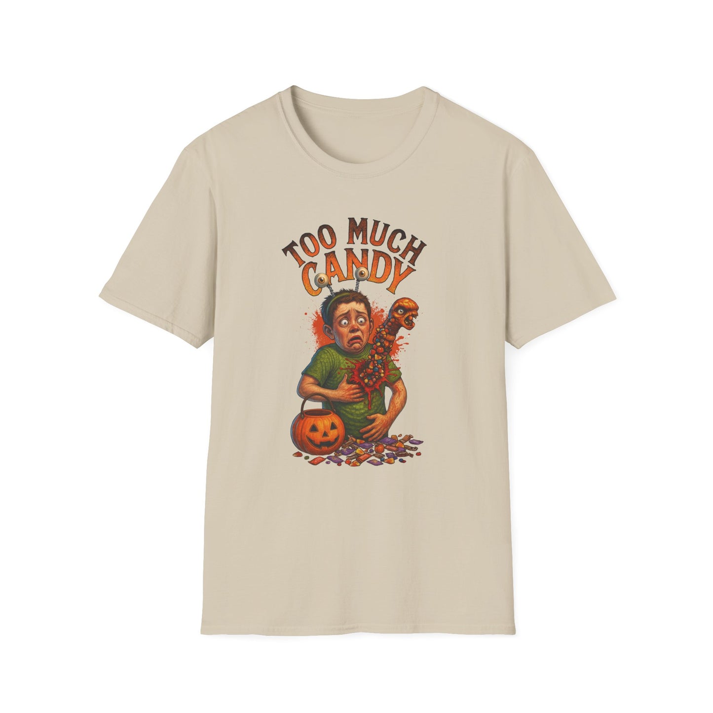 Halloween Alien Chest Buster "Too Much Candy" Graphic Tee Shirt