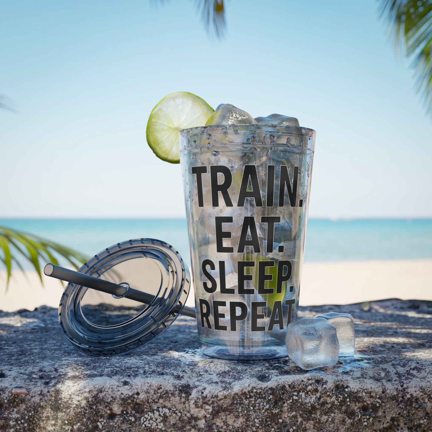 Grit Forge Athletics - Sunsplash Motivational Tumbler, 16oz Drink Cup for Fitness Lovers, Workout Gift, Gym Straw Cup, Eat Sleep Repeat Drinkware