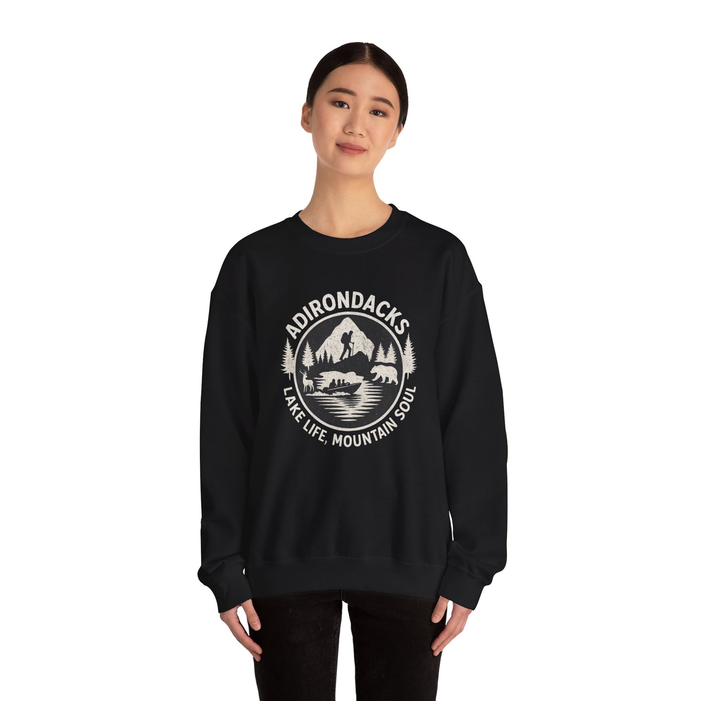 Cozy Adirondack Lake Life Crewneck Sweatshirt - "Lake Life, Mountain Soul"
