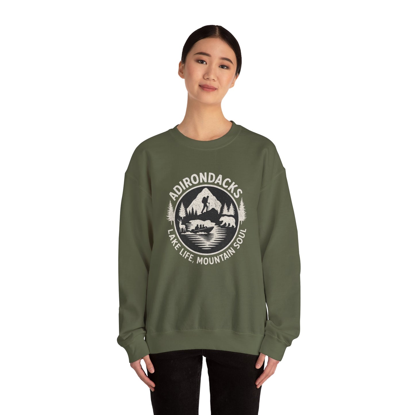 Cozy Adirondack Lake Life Crewneck Sweatshirt - "Lake Life, Mountain Soul"