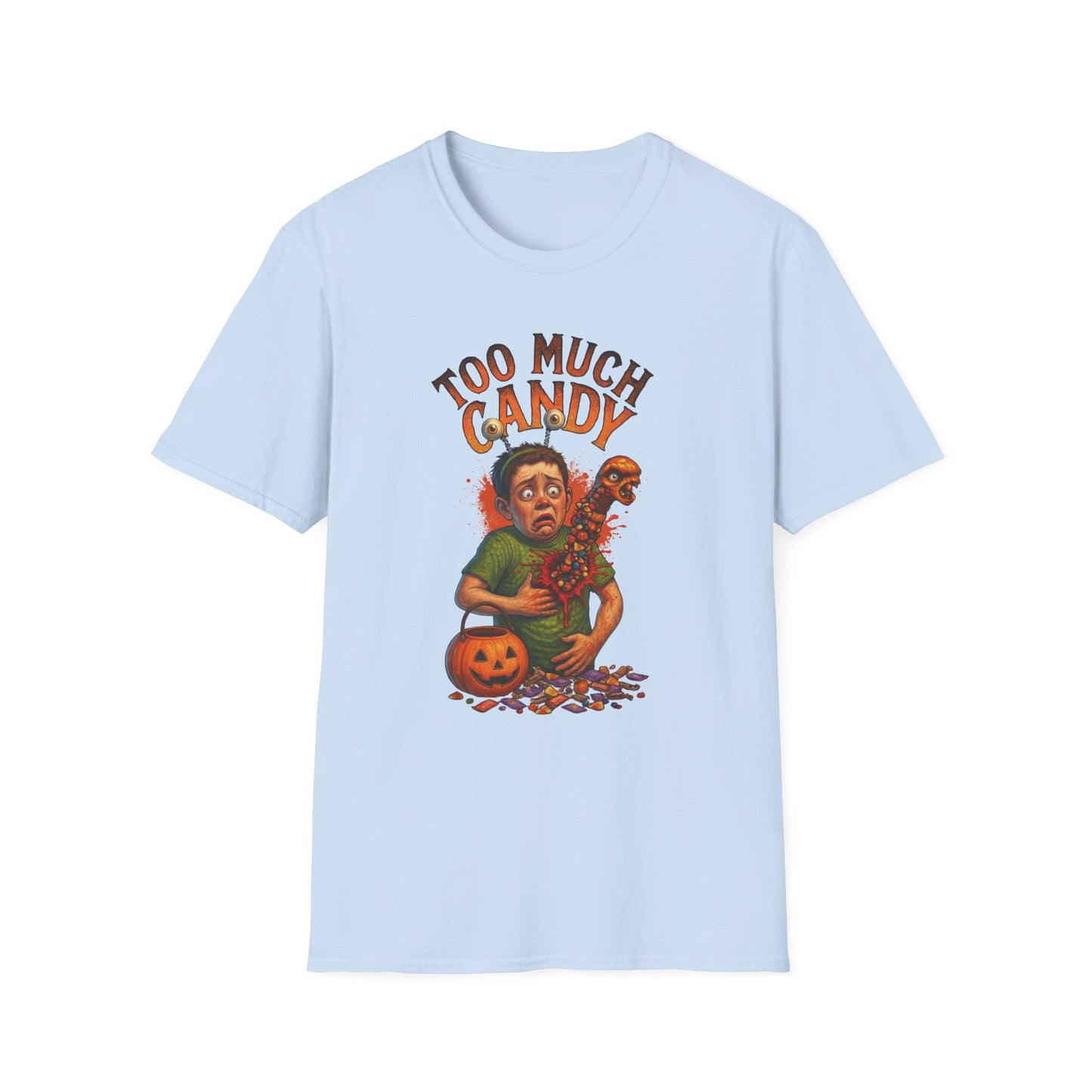 Halloween Alien Chest Buster "Too Much Candy" Graphic Tee Shirt