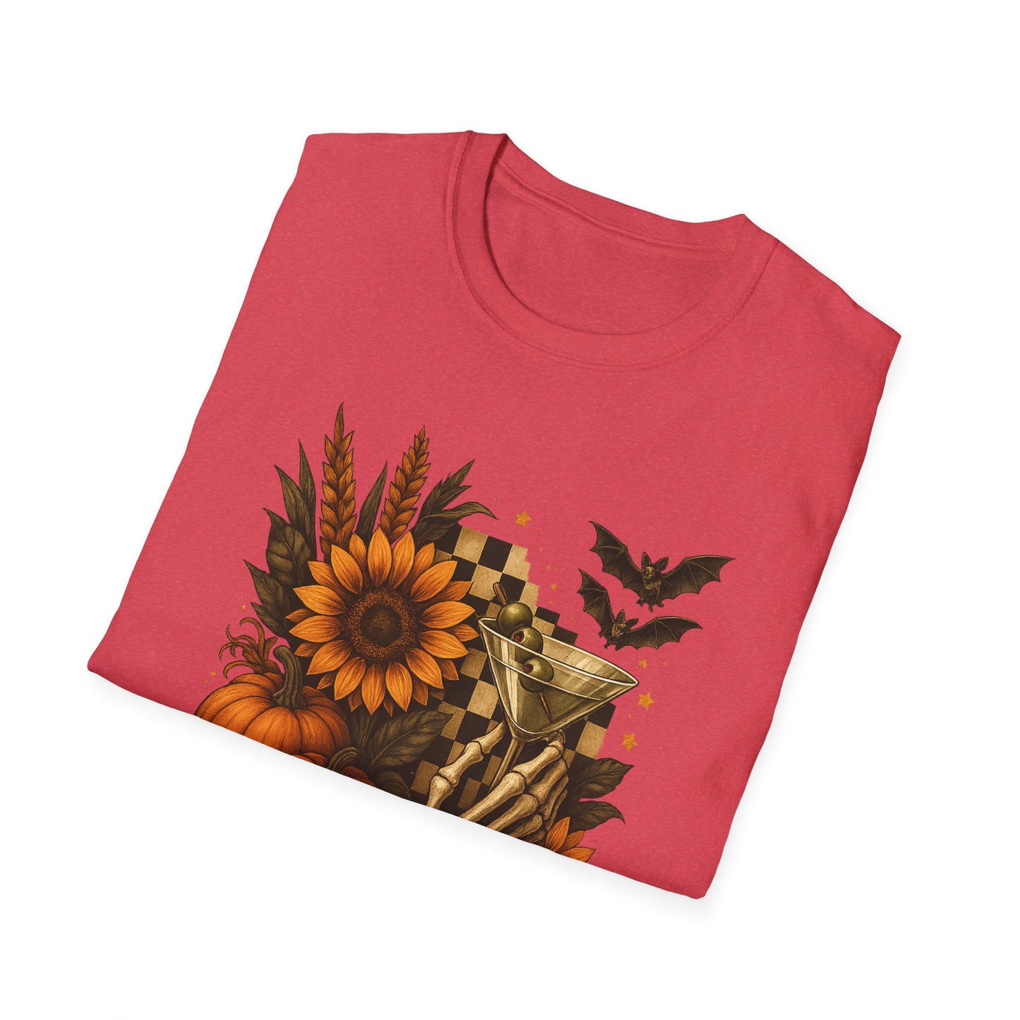 Halloween, Autumn Floral Skeleton Hand with Martini Tee-Shirt