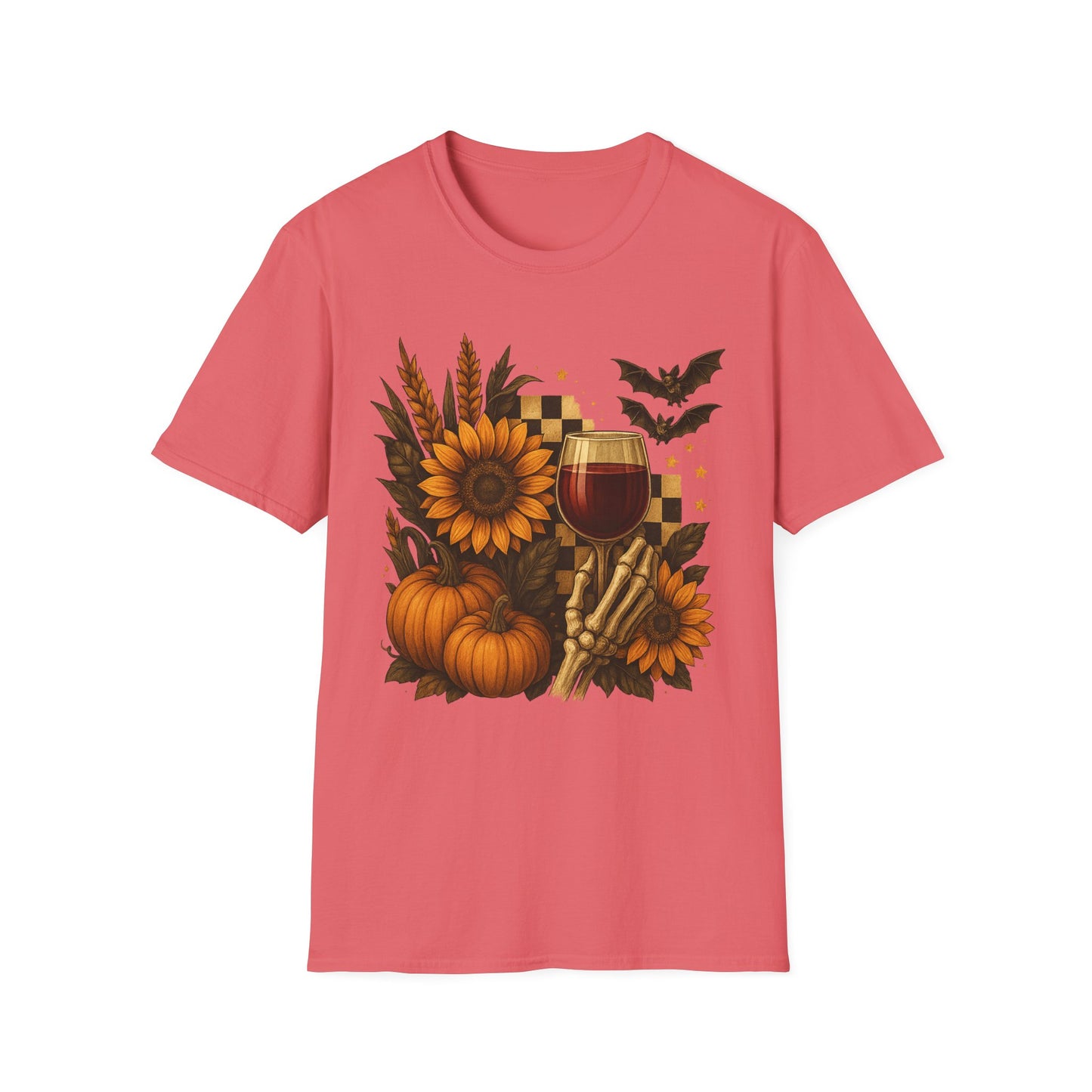 Halloween, Autumn Floral Skeleton Hand with Wine Glass Tee-Shirt