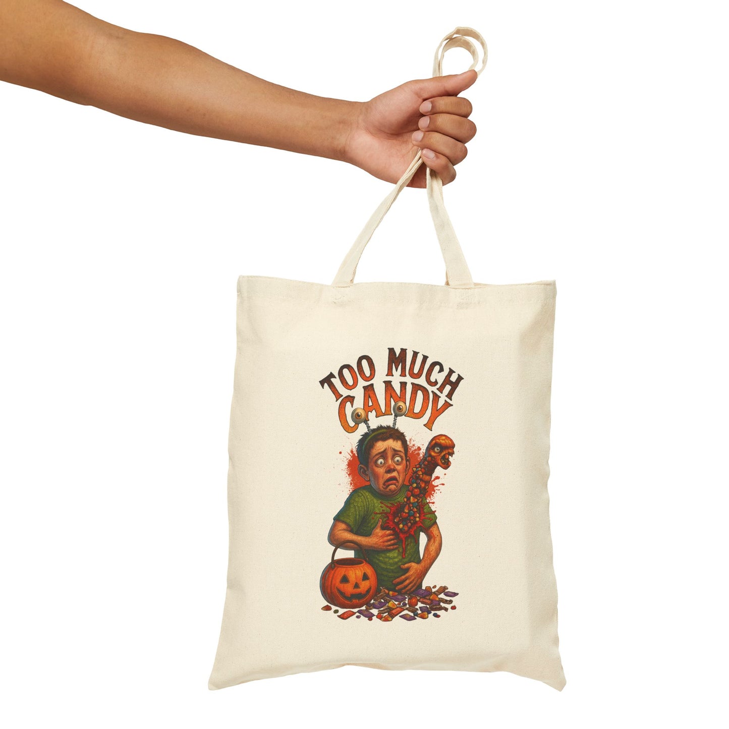 Halloween Cotton Canvas Candy Bag, "Too Much Candy" Alien Chest Burst