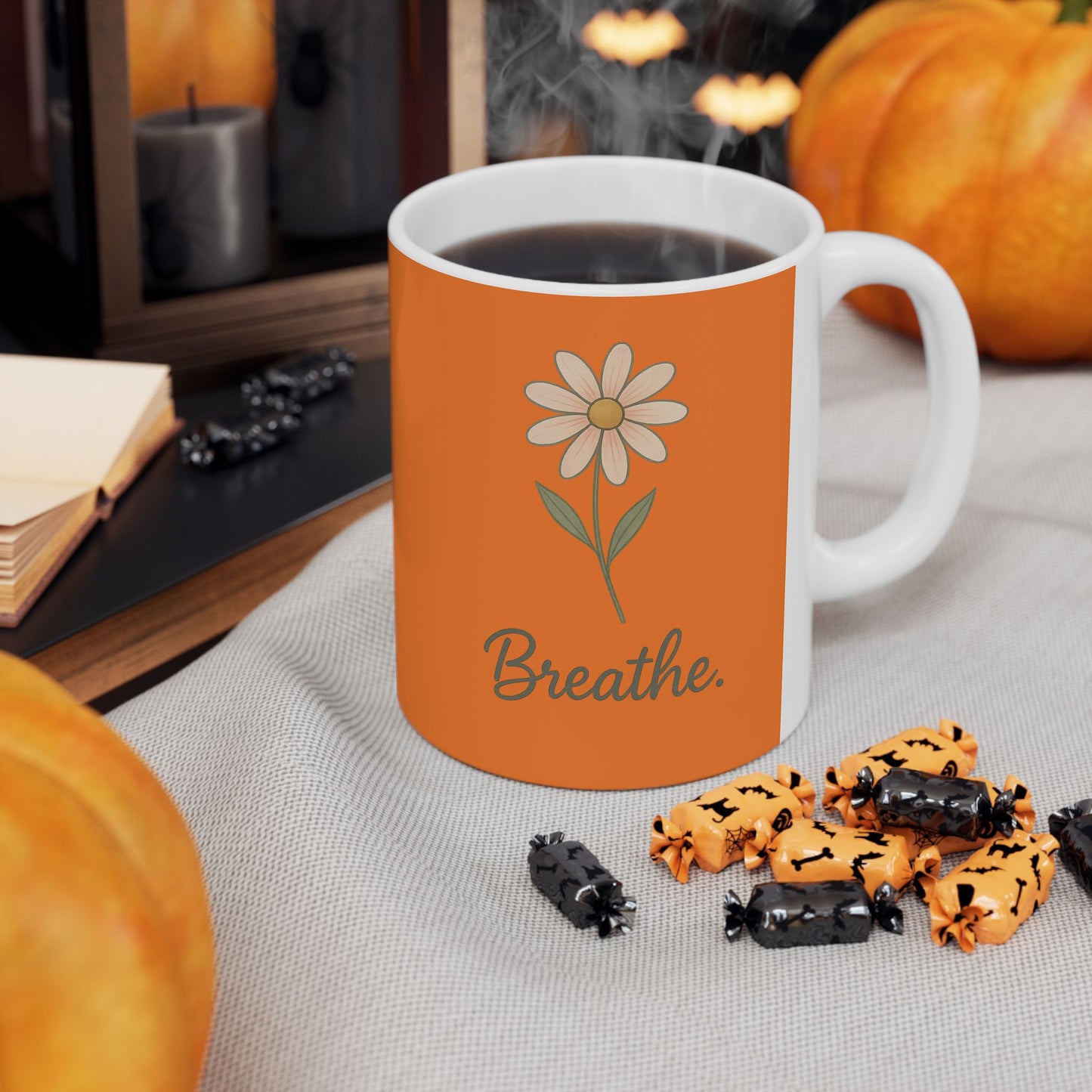 Vibrant Ceramic Mug with Inspirational Quote, Breathe Coffee Cup, Gift for Tea Lovers, Motivational Drinkware, Fall Collection