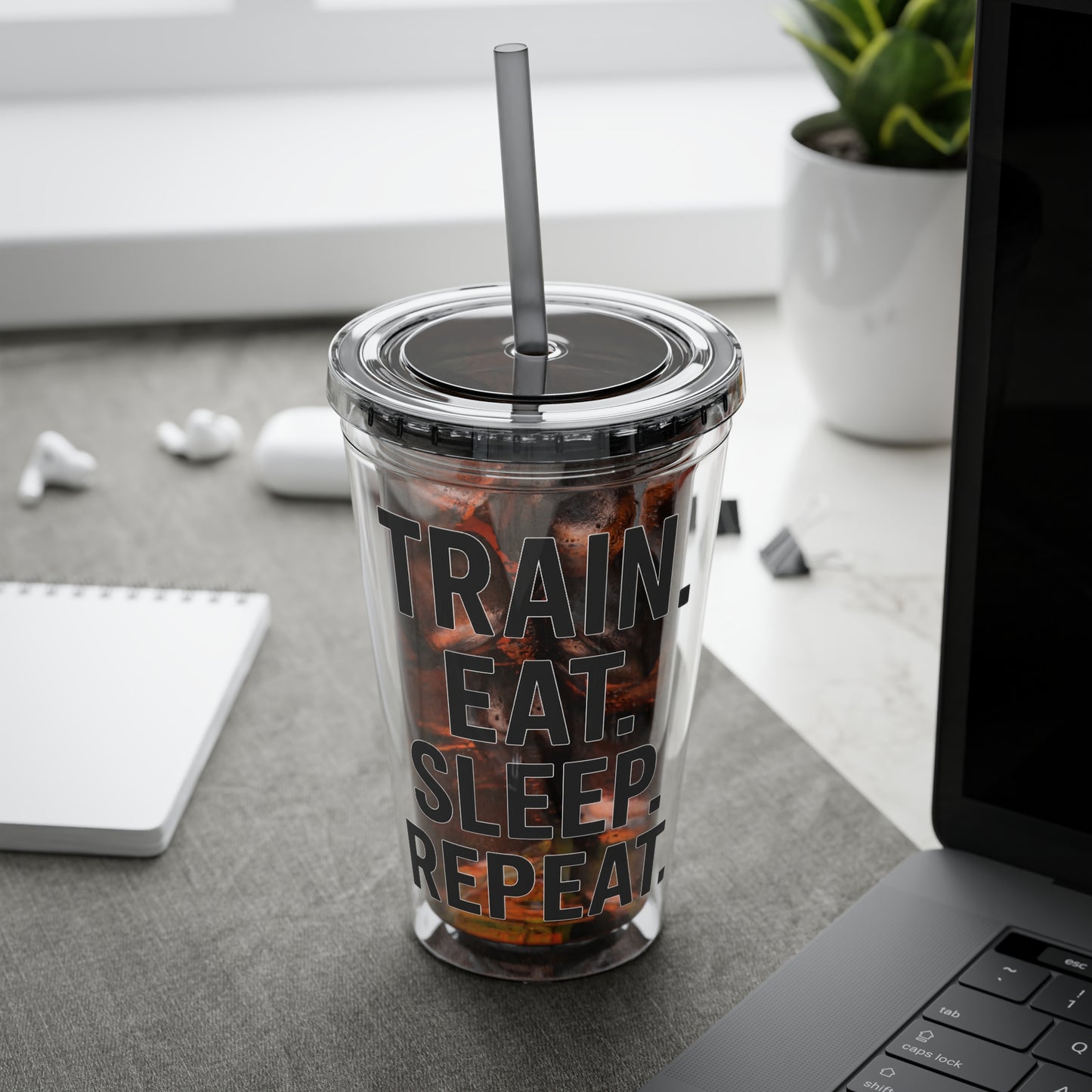Grit Forge Athletics - Sunsplash Motivational Tumbler, 16oz Drink Cup for Fitness Lovers, Workout Gift, Gym Straw Cup, Eat Sleep Repeat Drinkware