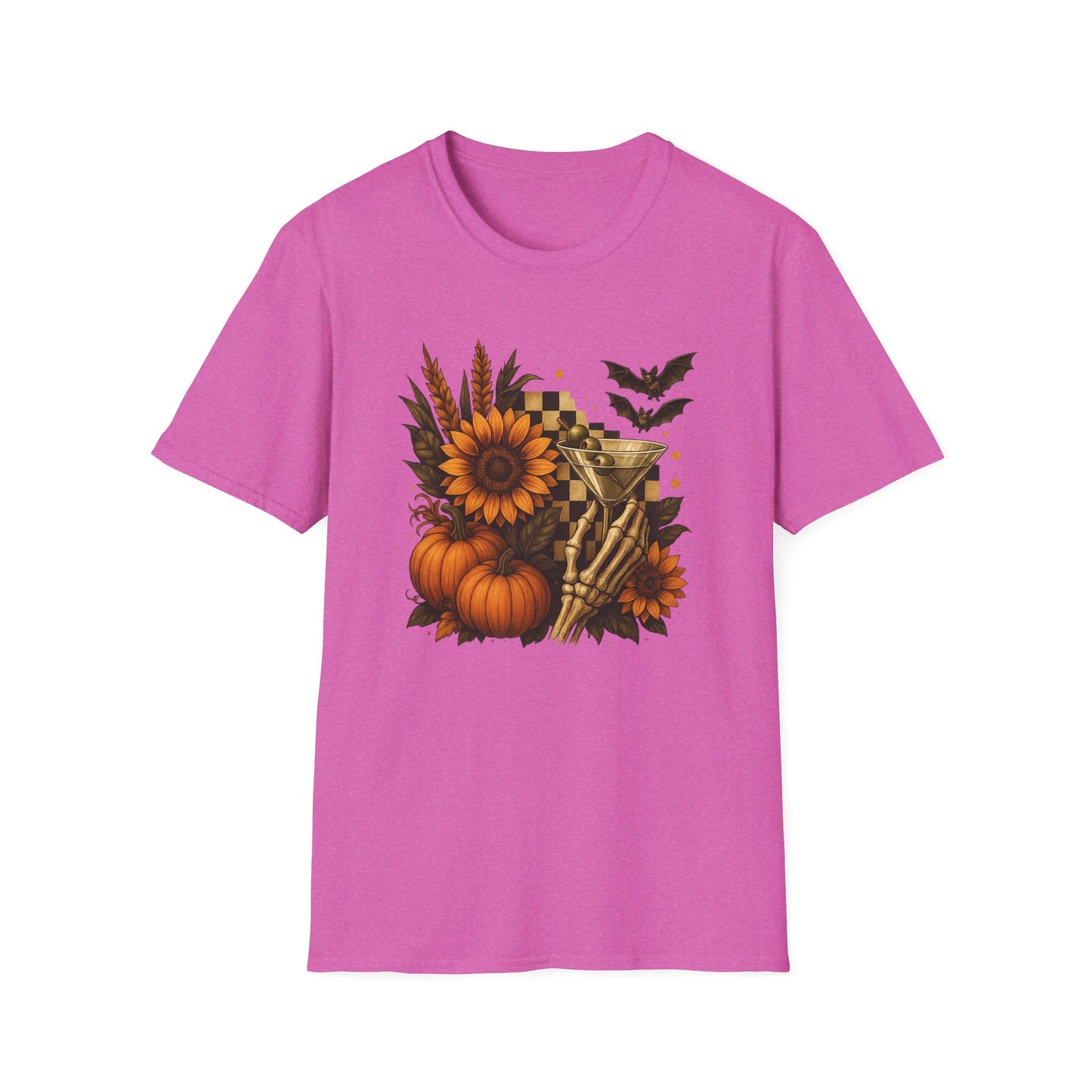 Halloween, Autumn Floral Skeleton Hand with Martini Tee-Shirt
