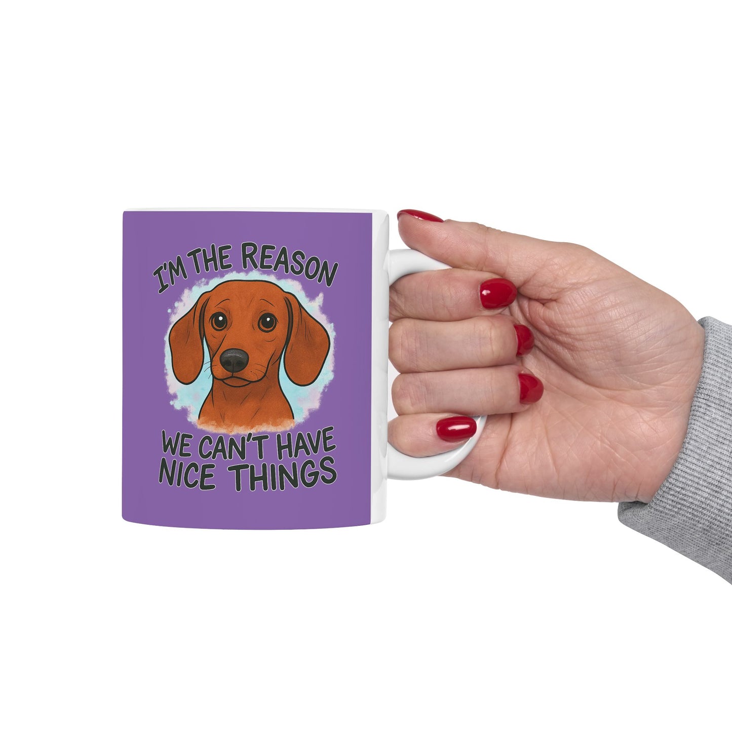 Funny Dog Lovers Ceramic Mug - I'm Dog-tired, Pet Owner Gift, Dachshund, Purple Coffee Cup, Animal Lover's Present, Unique Birthday Gift