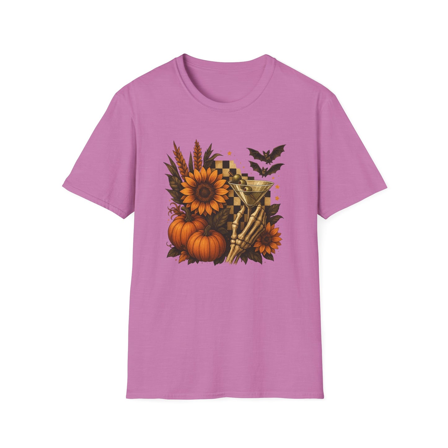 Halloween, Autumn Floral Skeleton Hand with Martini Tee-Shirt
