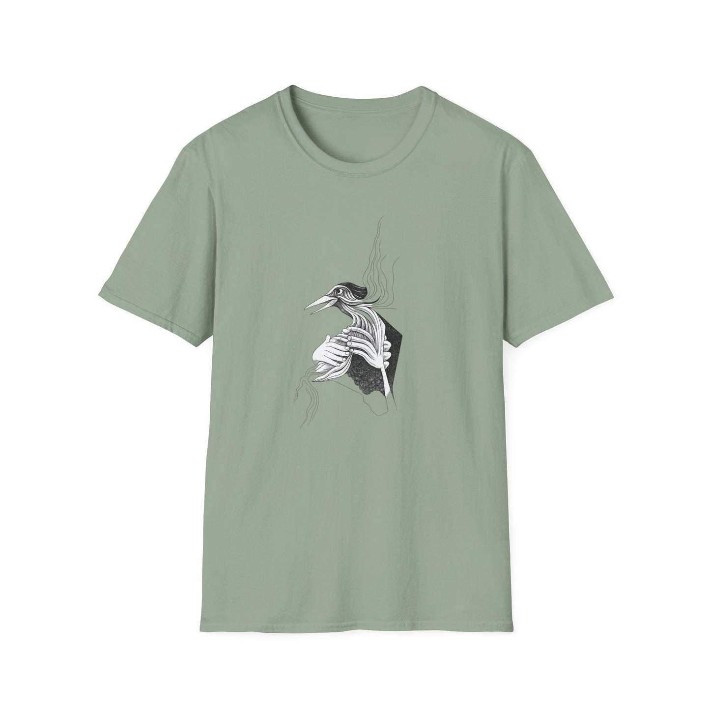 Stylish 1960s Reimagined Pen and Ink Bird Tee-Shirt - "Loki's Featherbed"