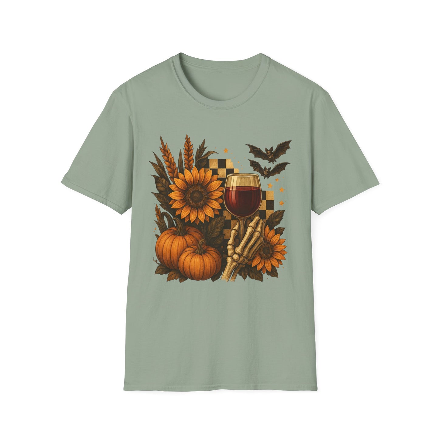 Halloween, Autumn Floral Skeleton Hand with Wine Glass Tee-Shirt