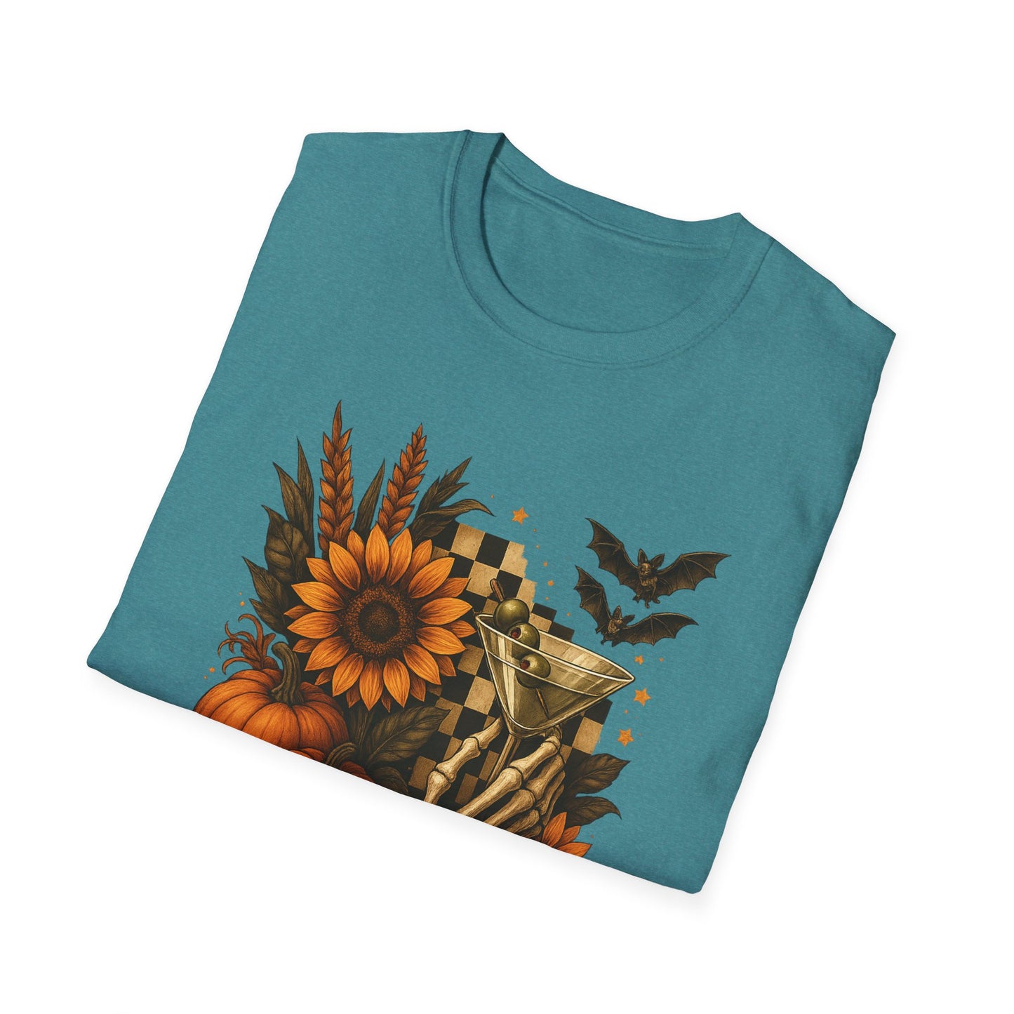 Halloween, Autumn Floral Skeleton Hand with Martini Tee-Shirt