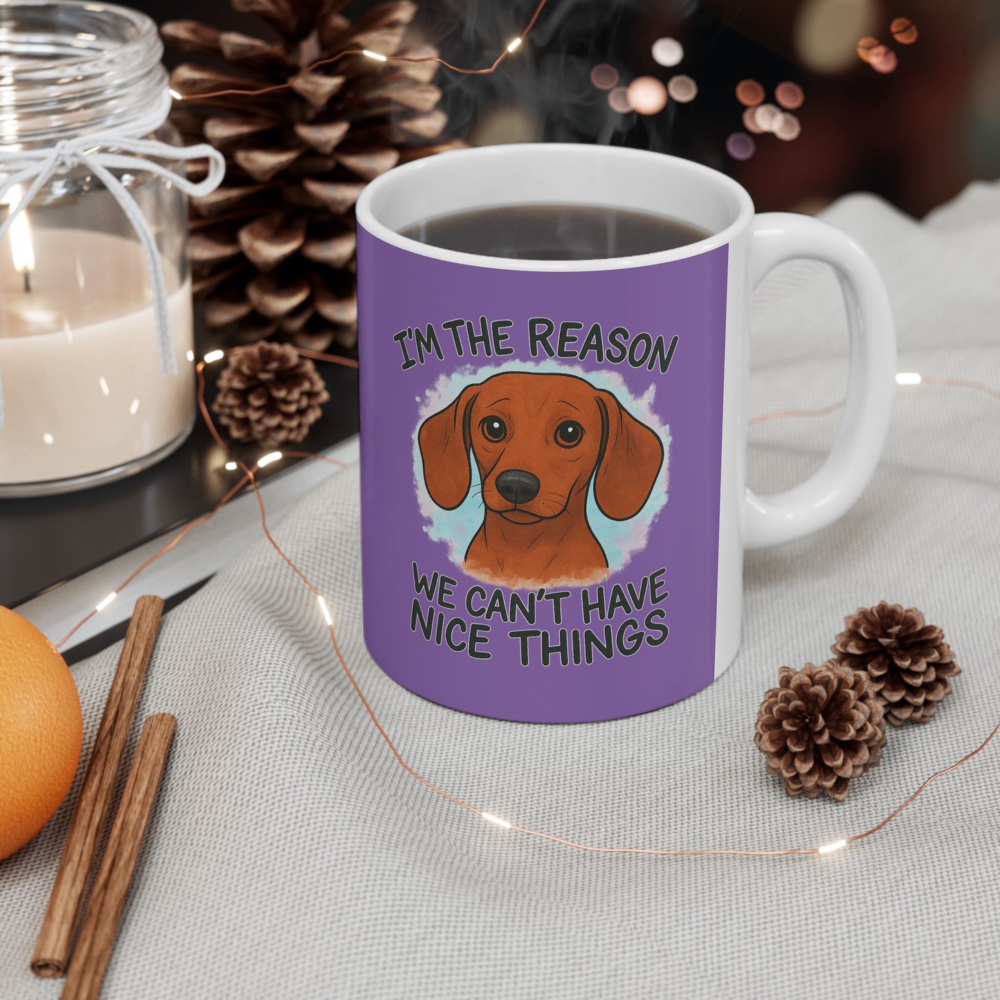 Funny Dog Lovers Ceramic Mug - I'm Dog-tired, Pet Owner Gift, Dachshund, Purple Coffee Cup, Animal Lover's Present, Unique Birthday Gift