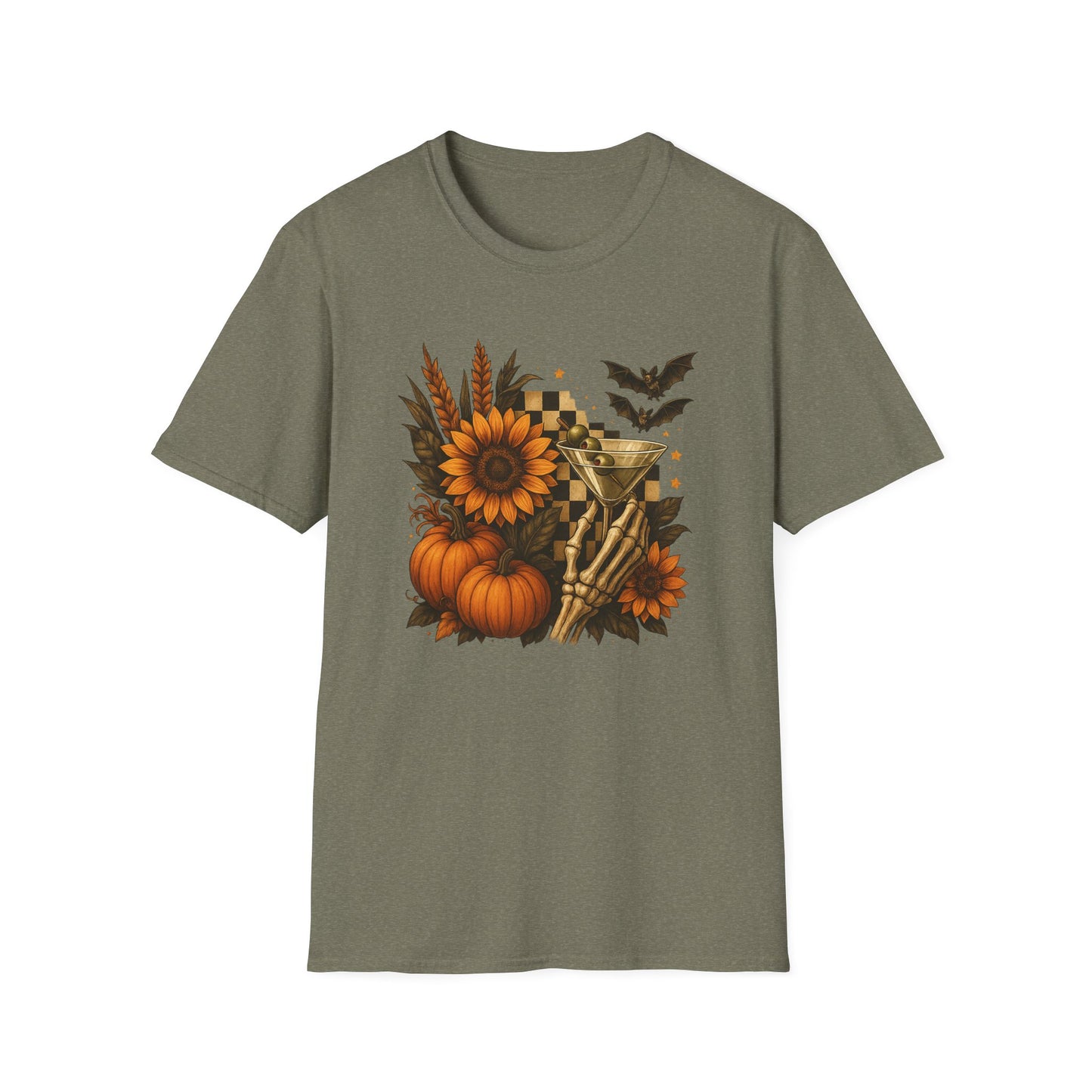 Halloween, Autumn Floral Skeleton Hand with Martini Tee-Shirt