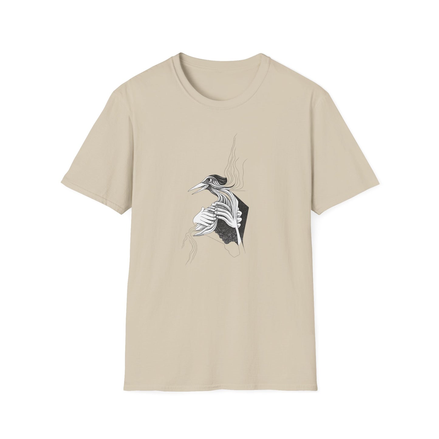 Stylish 1960s Reimagined Pen and Ink Bird Tee-Shirt - "Loki's Featherbed"