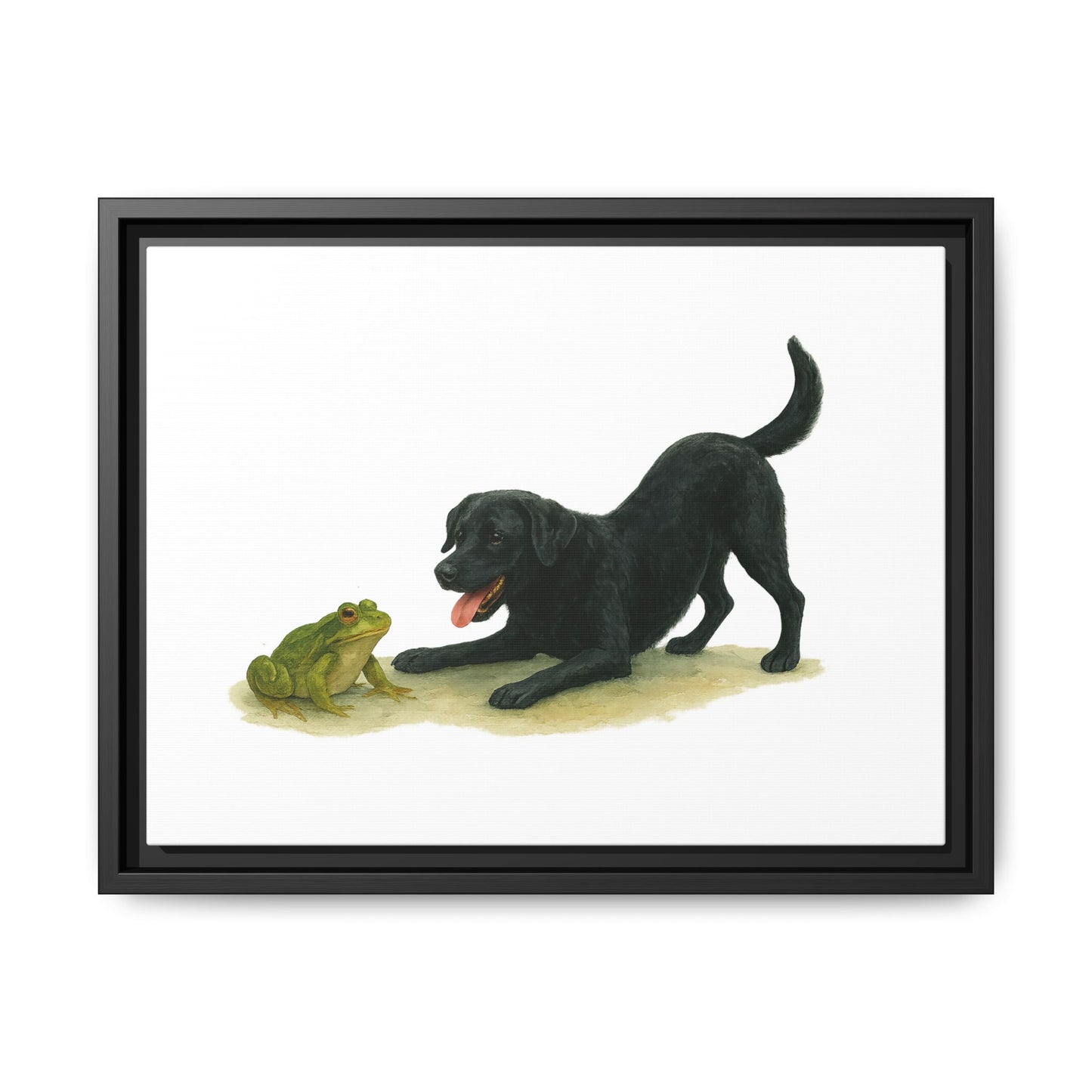 Dog and Frog Canvas Art Print, Playful Dog Wall Decor, Black Lab, Animal Lover Gift, Home Decor, Pet Themed Art