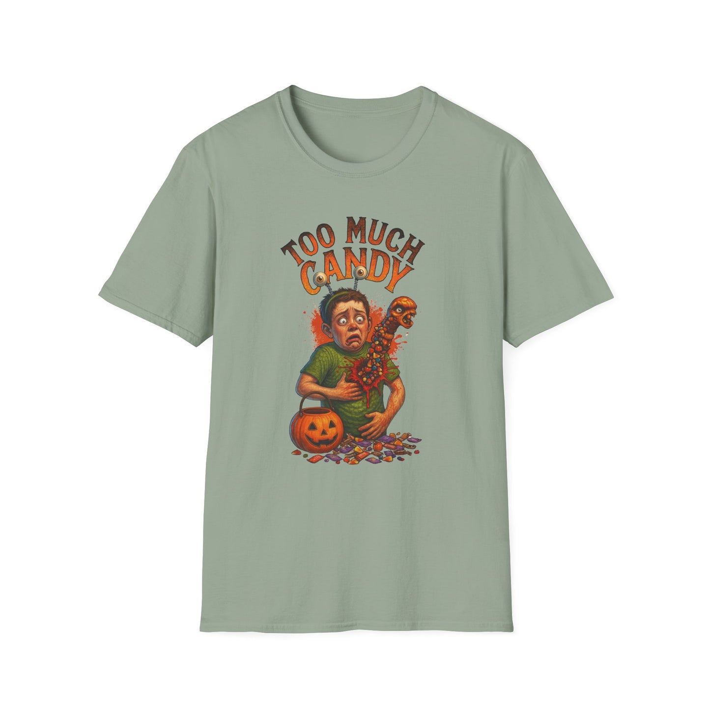 Halloween Alien Chest Buster "Too Much Candy" Graphic Tee Shirt