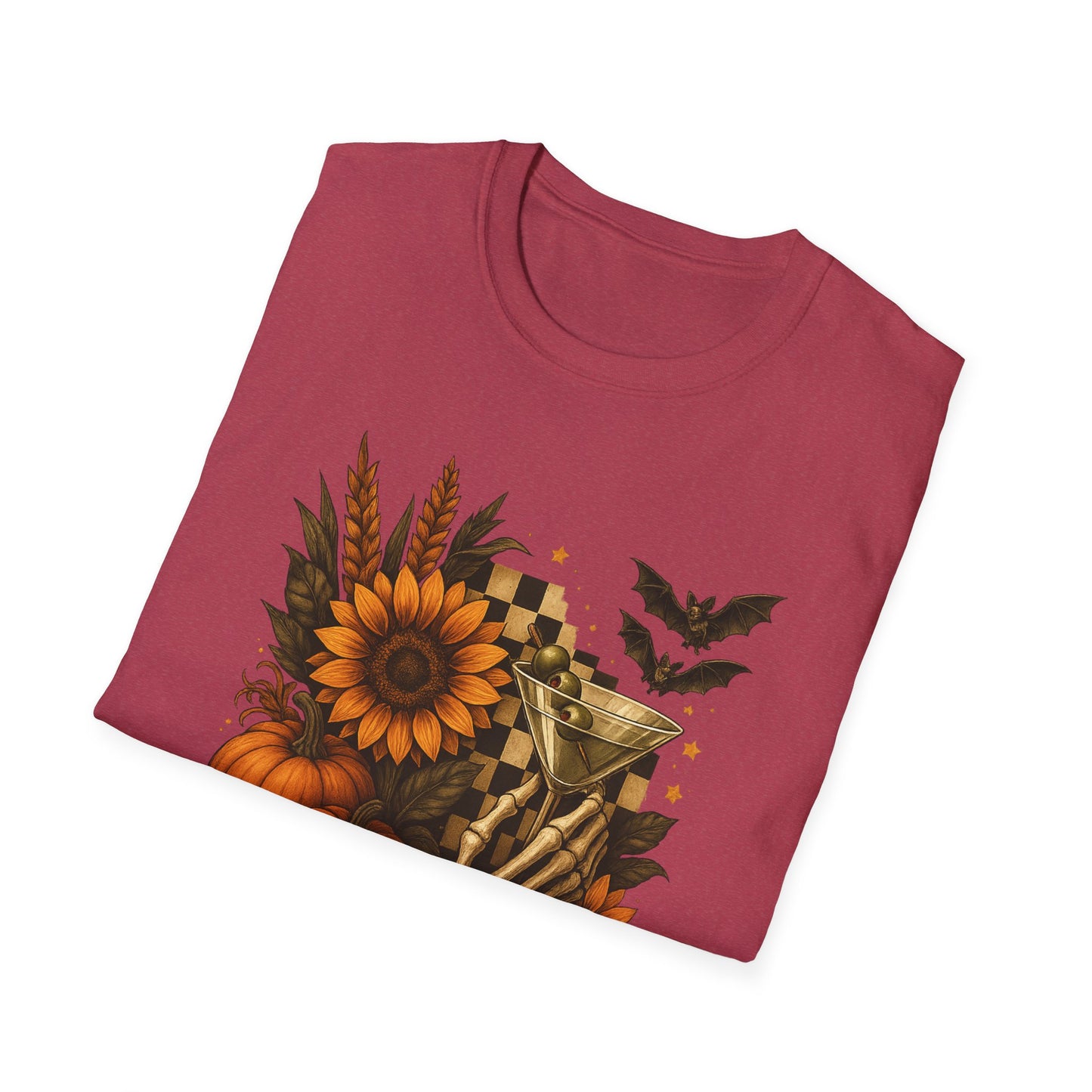 Halloween, Autumn Floral Skeleton Hand with Martini Tee-Shirt