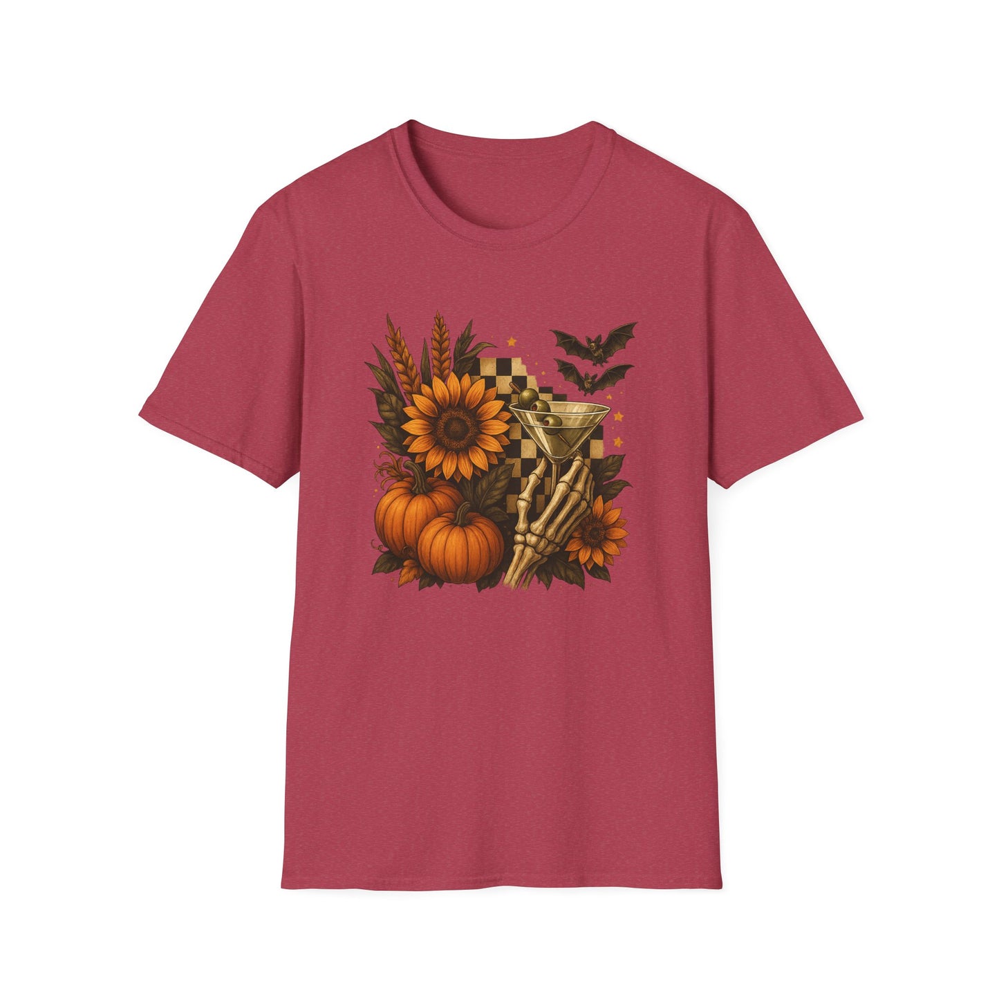 Halloween, Autumn Floral Skeleton Hand with Martini Tee-Shirt