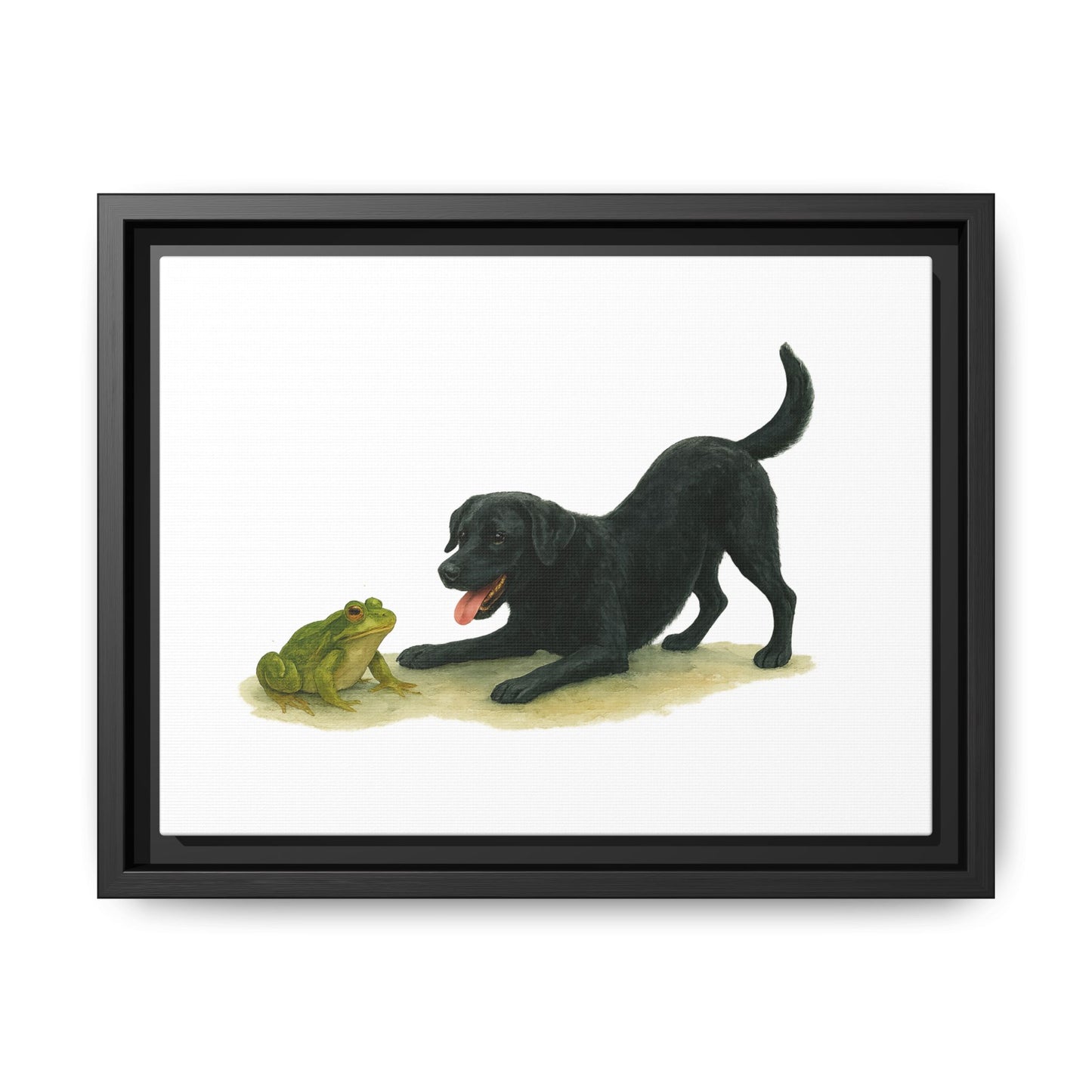 Dog and Frog Canvas Art Print, Playful Dog Wall Decor, Black Lab, Animal Lover Gift, Home Decor, Pet Themed Art