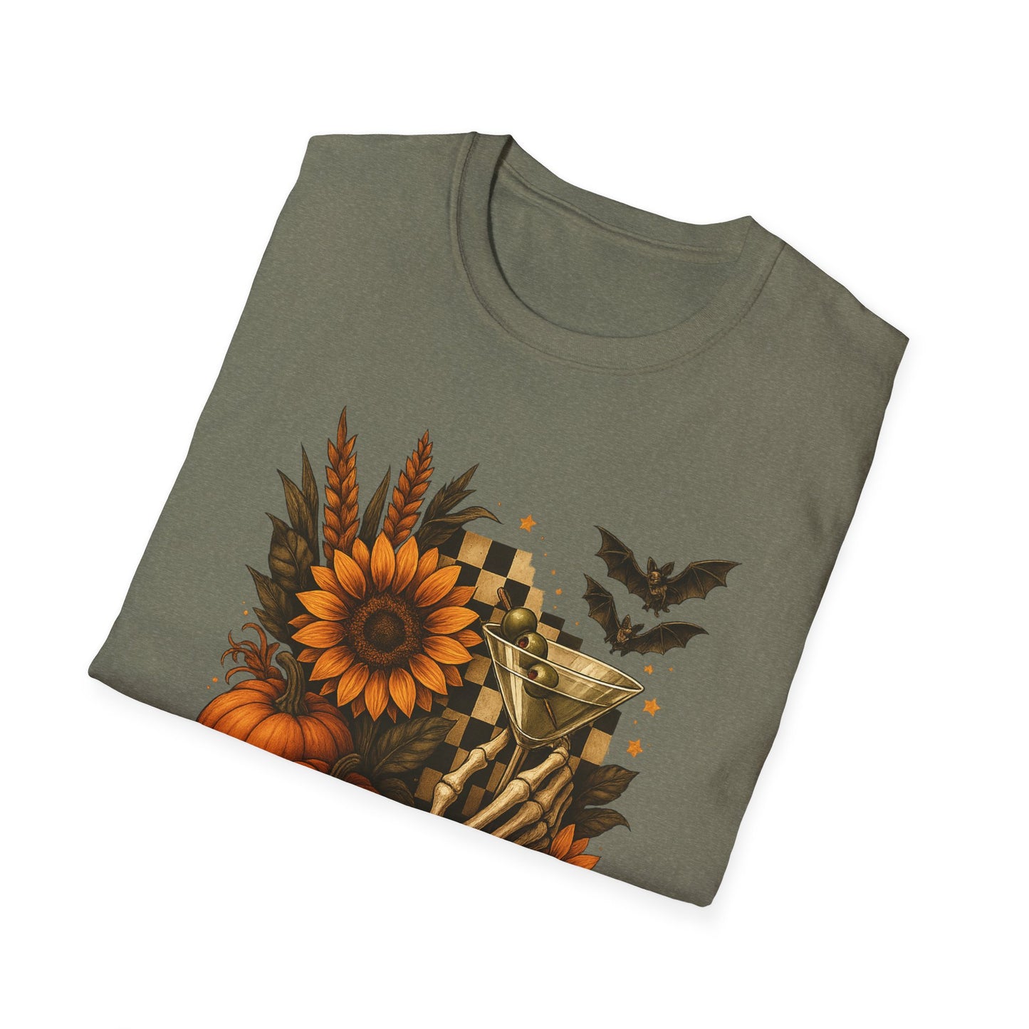 Halloween, Autumn Floral Skeleton Hand with Martini Tee-Shirt