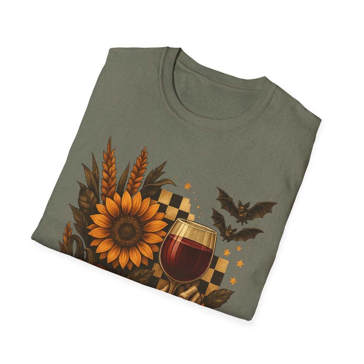 Halloween, Autumn Floral Skeleton Hand with Wine Glass Tee-Shirt