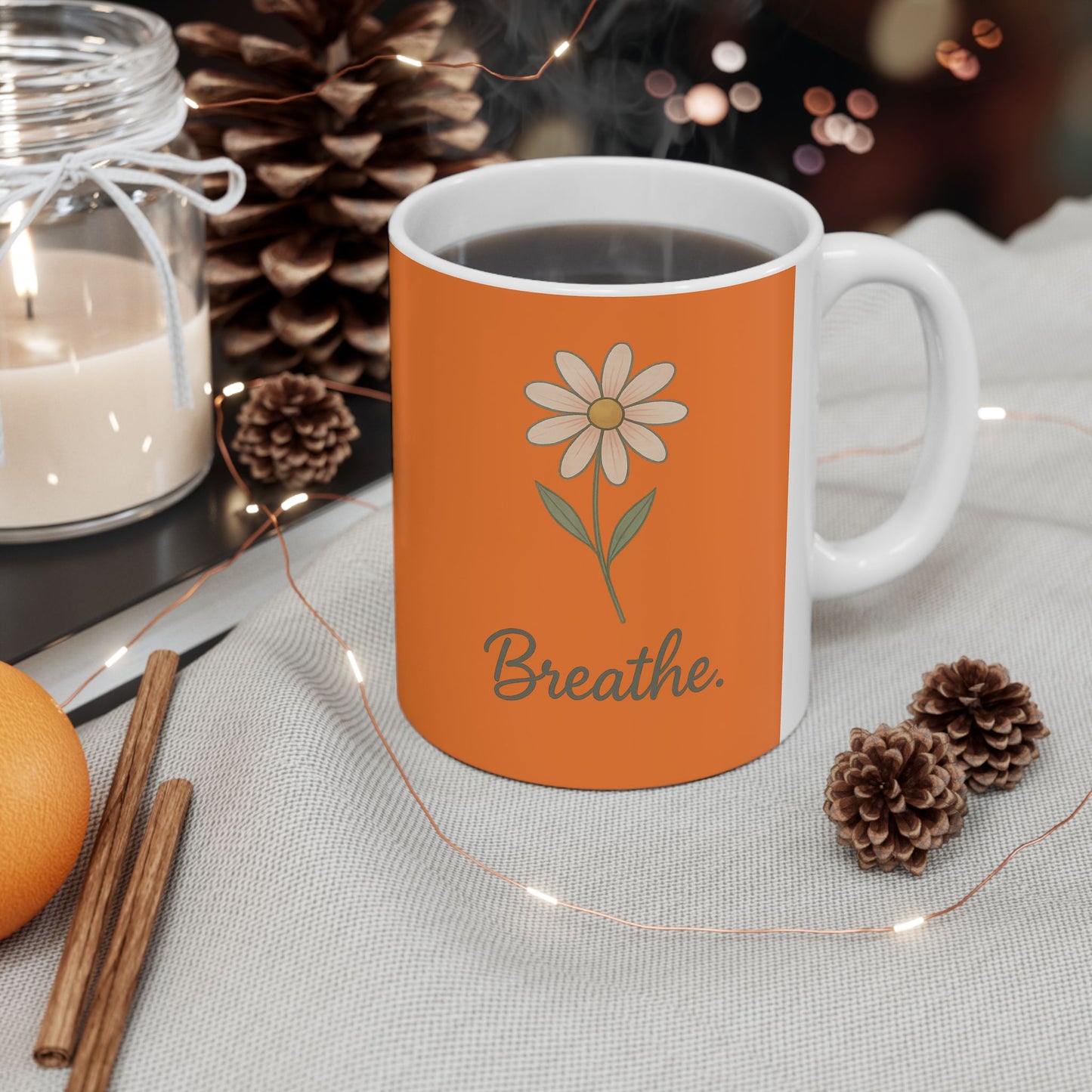 Vibrant Ceramic Mug with Inspirational Quote, Breathe Coffee Cup, Gift for Tea Lovers, Motivational Drinkware, Fall Collection