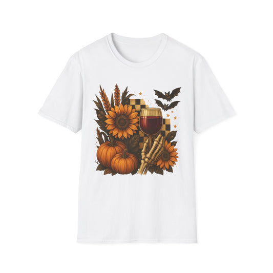 Halloween, Autumn Floral Skeleton Hand with Wine Glass Tee-Shirt