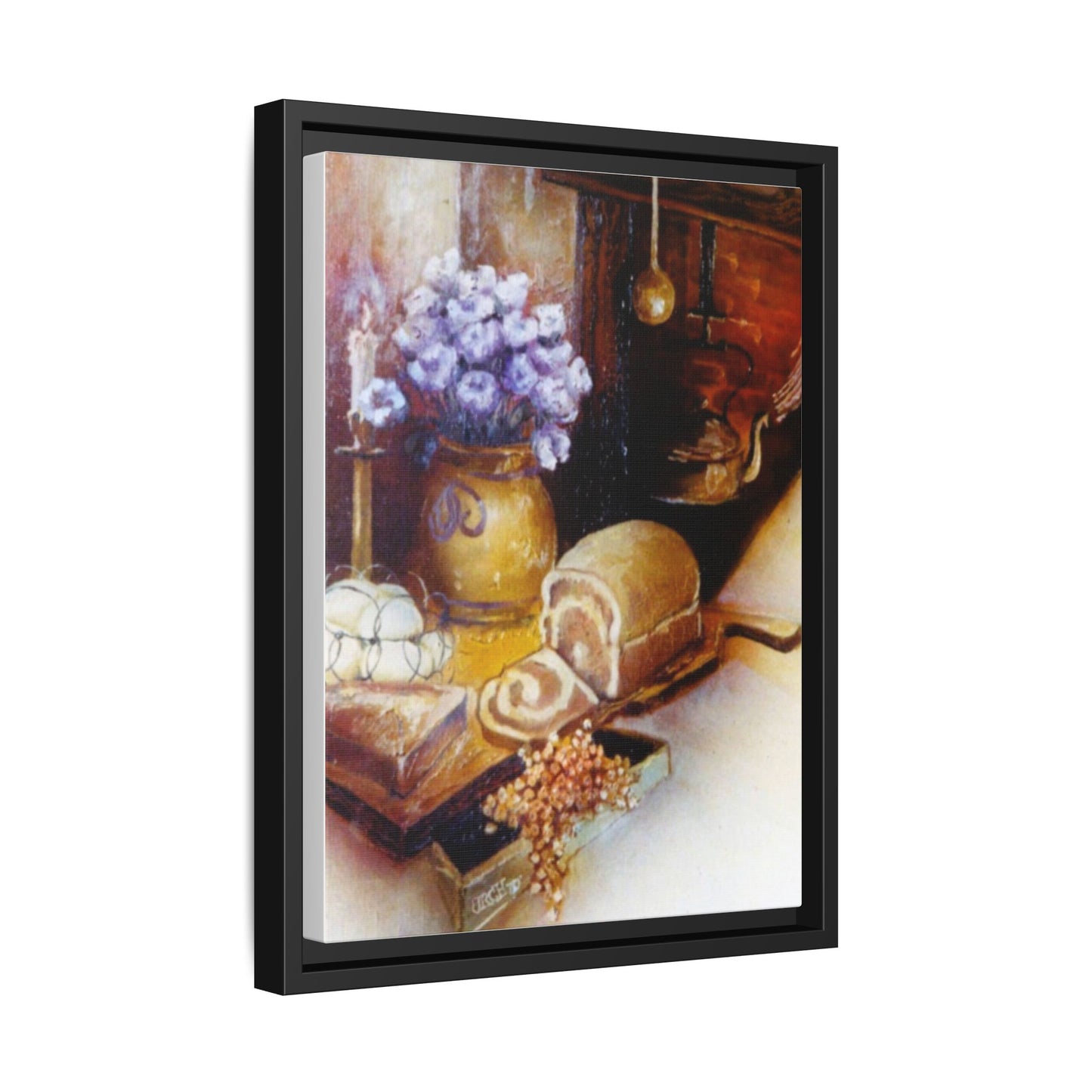 Framed Canvas Authentic 1960s Still Life Painting - "Countryside Hearth"