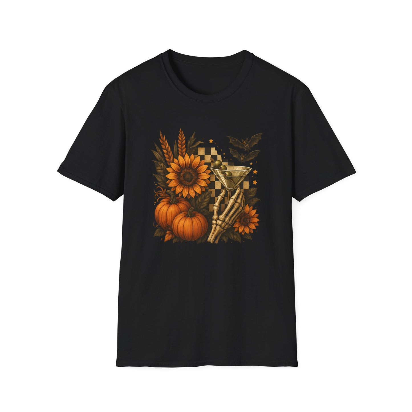 Halloween, Autumn Floral Skeleton Hand with Martini Tee-Shirt
