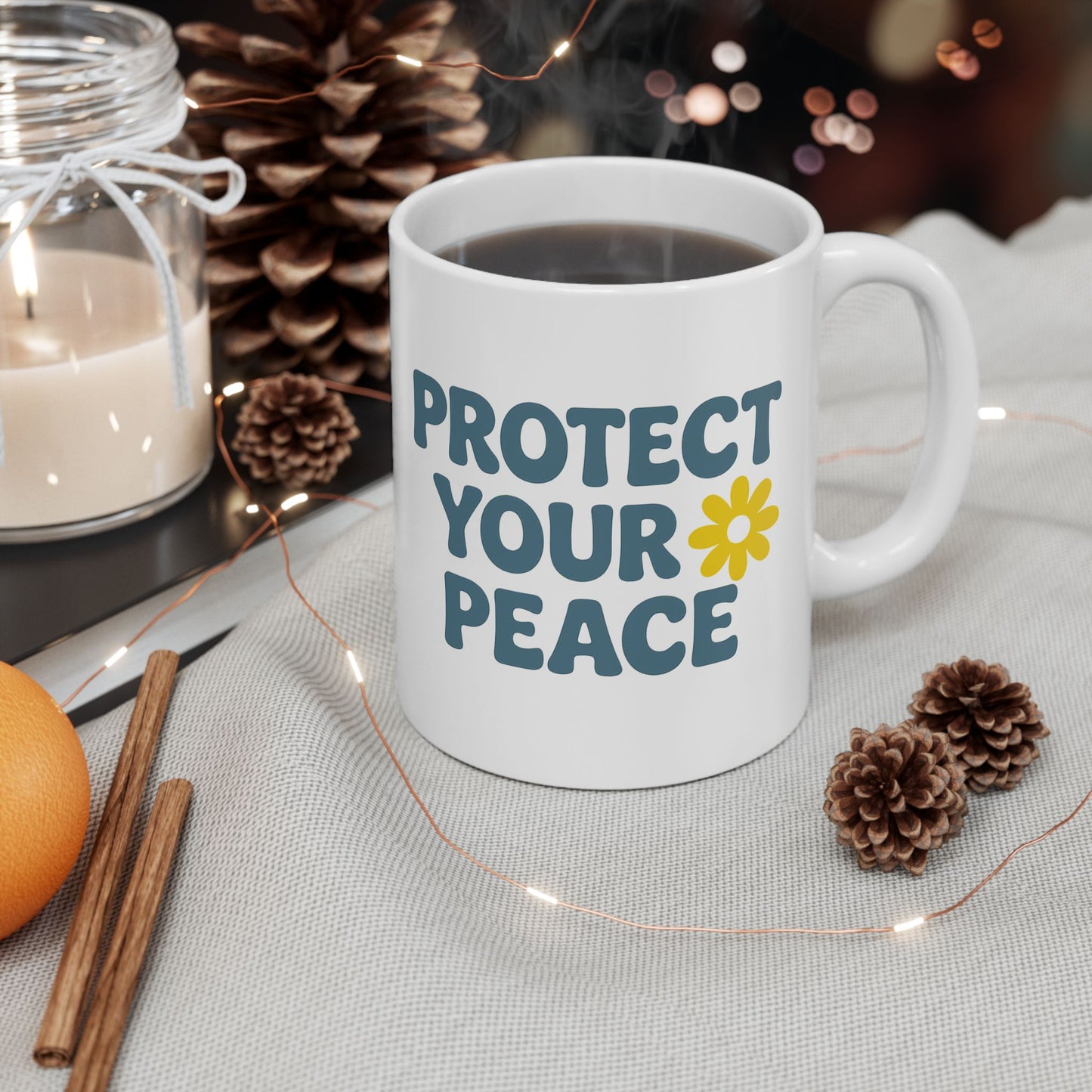 Ceramic Mug with Positive Vibes, Inspirational Coffee Cup, Gift for Friends, Home Office Decor, Motivational Mug, Protect Your Peace