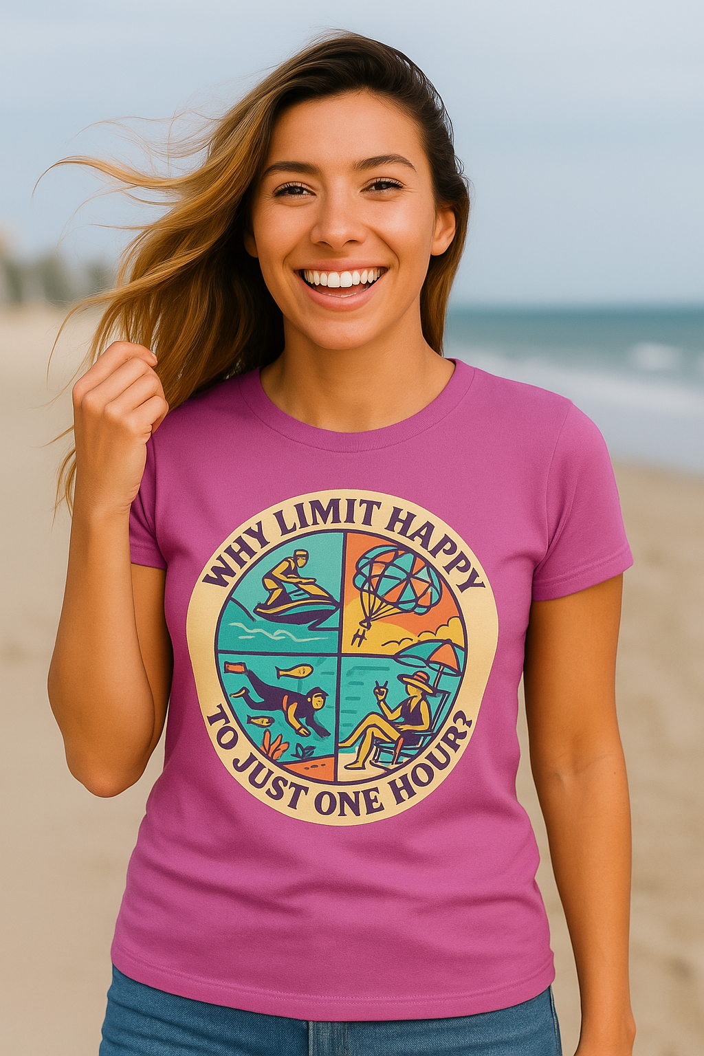 "Why Limit Happy to Just One Hour?" Summer Vibes Tee-Shirt for Him or Her