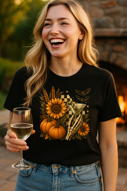 Halloween, Autumn Floral Skeleton Hand with Martini Tee-Shirt