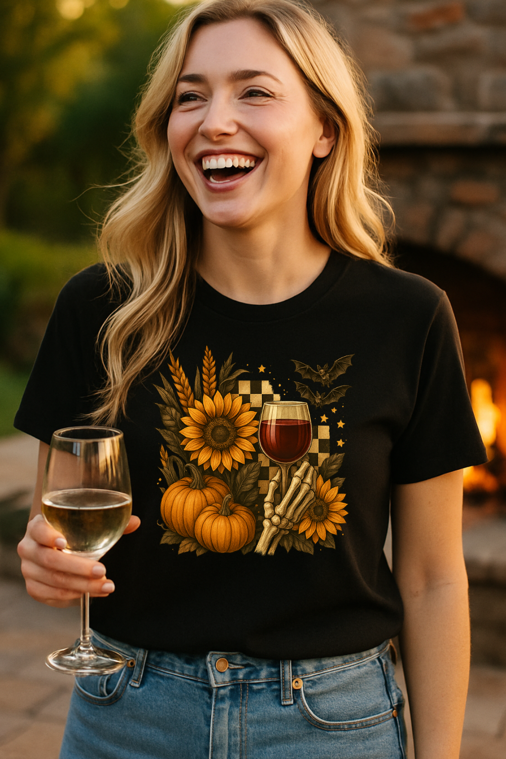 Halloween, Autumn Floral Skeleton Hand with Wine Glass Tee-Shirt