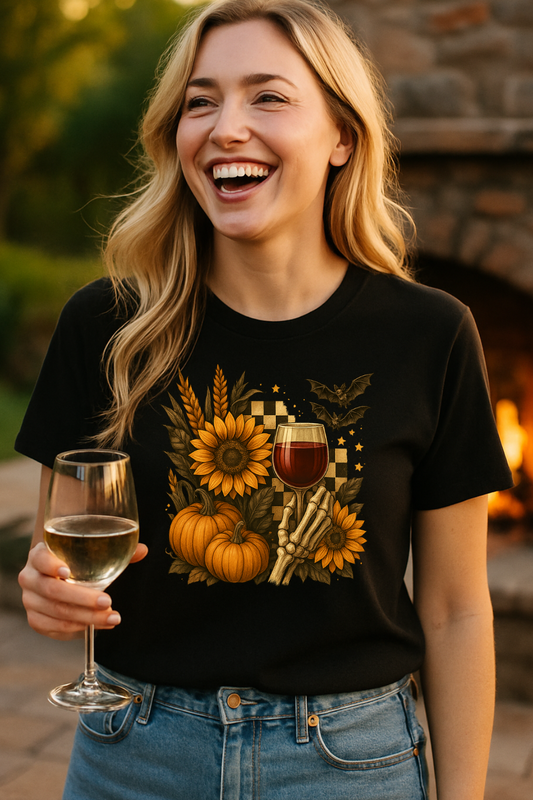 Halloween, Autumn Floral Skeleton Hand with Wine Glass Tee-Shirt