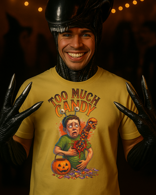 Halloween Alien Chest Buster "Too Much Candy" Graphic Tee Shirt