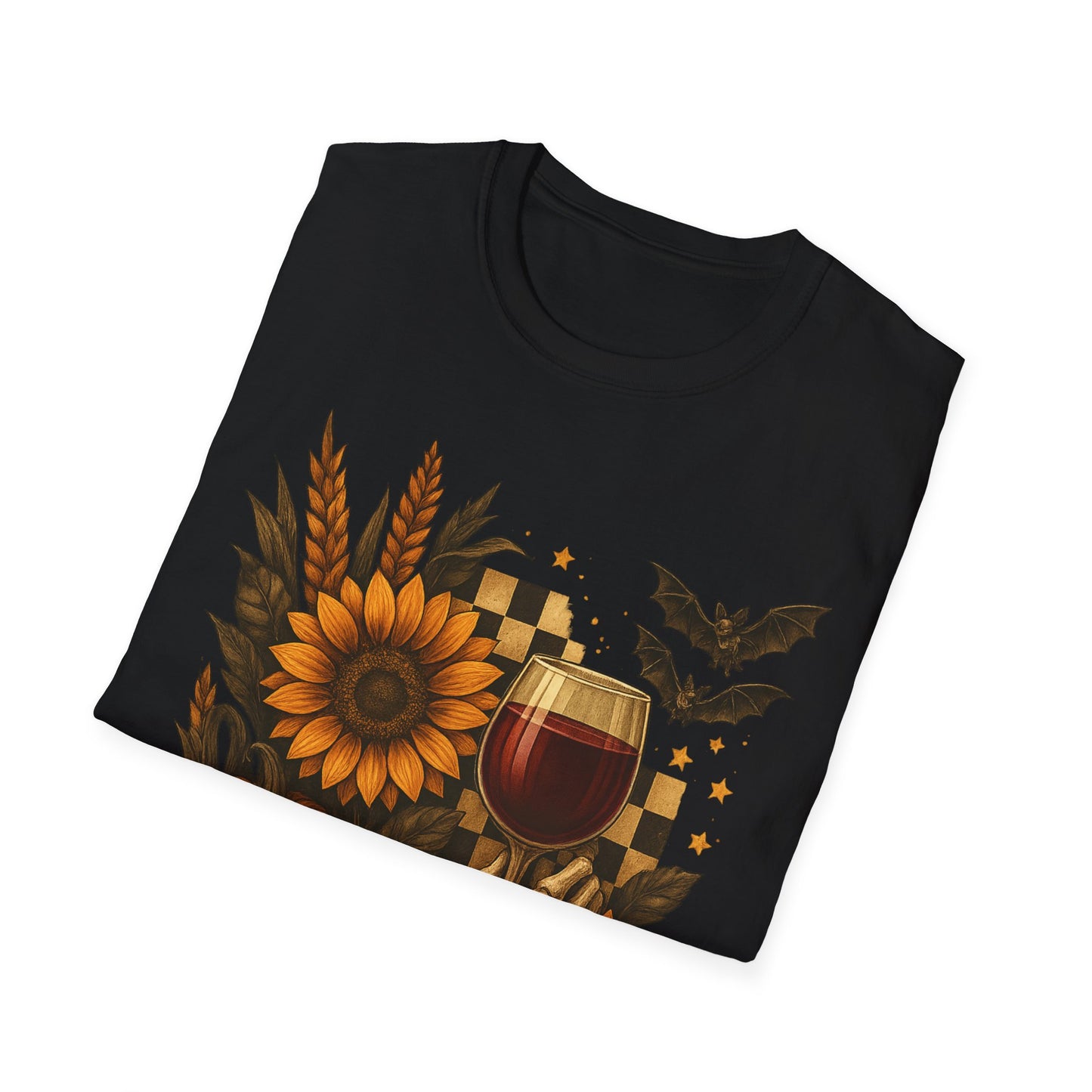 Halloween, Autumn Floral Skeleton Hand with Wine Glass Tee-Shirt
