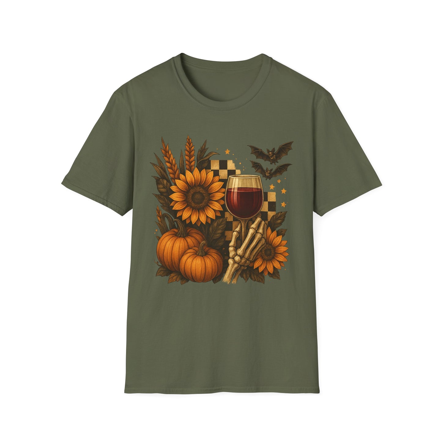 Halloween, Autumn Floral Skeleton Hand with Wine Glass Tee-Shirt