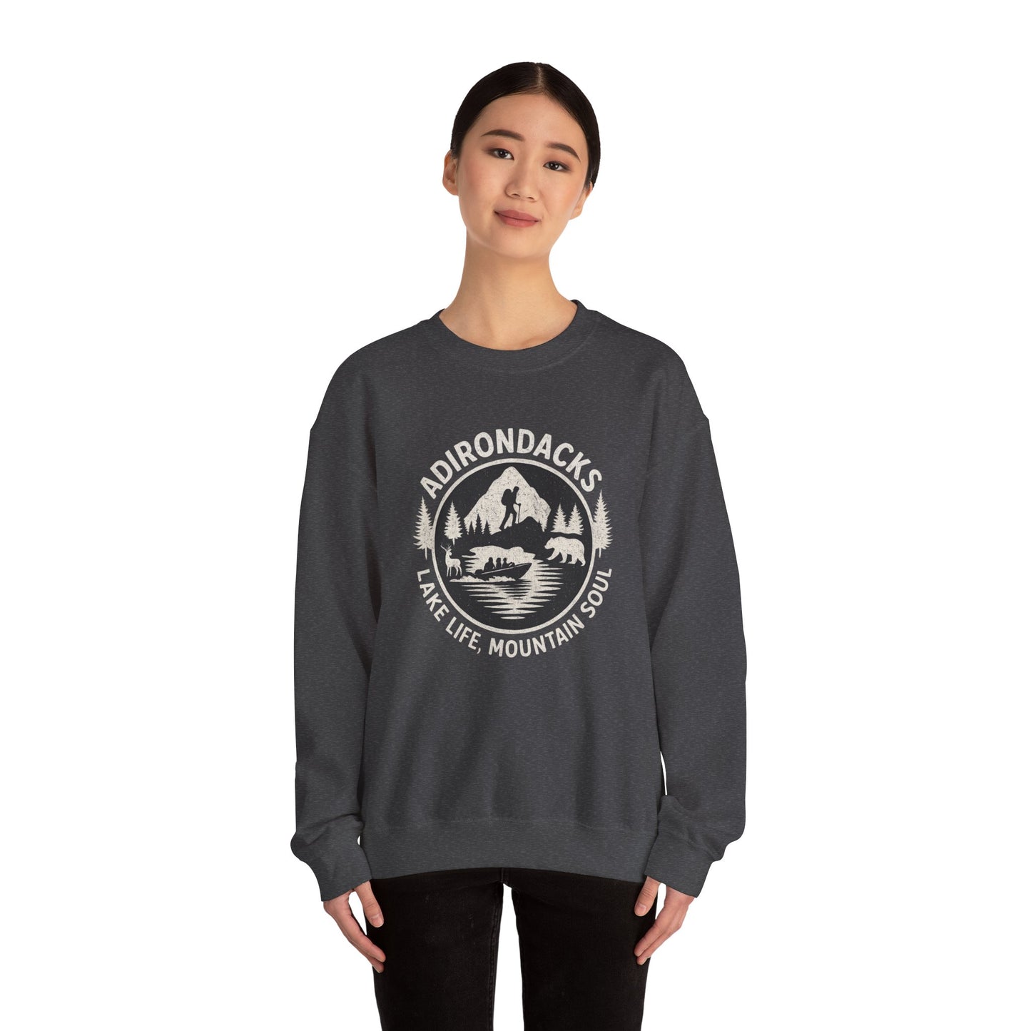 Cozy Adirondack Lake Life Crewneck Sweatshirt - "Lake Life, Mountain Soul"
