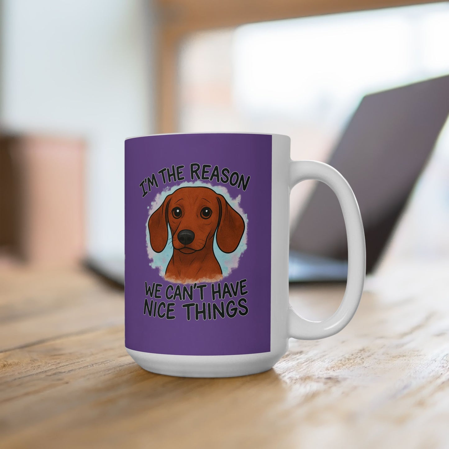 Funny Dog Lovers Ceramic Mug - I'm Dog-tired, Pet Owner Gift, Dachshund, Purple Coffee Cup, Animal Lover's Present, Unique Birthday Gift