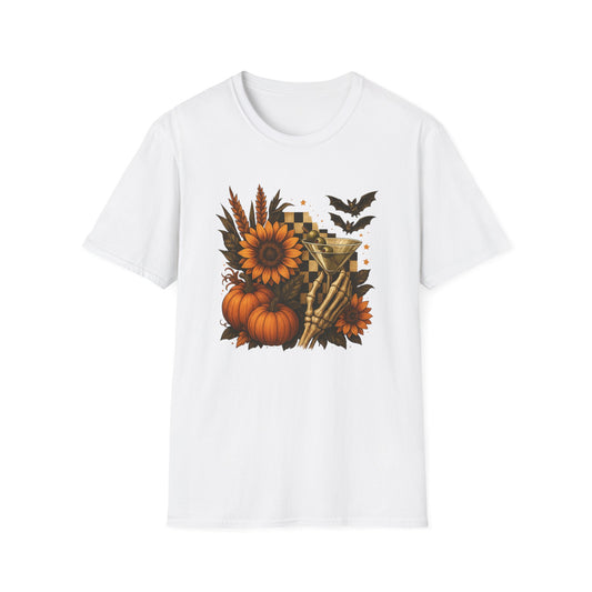 Halloween, Autumn Floral Skeleton Hand with Martini Tee-Shirt