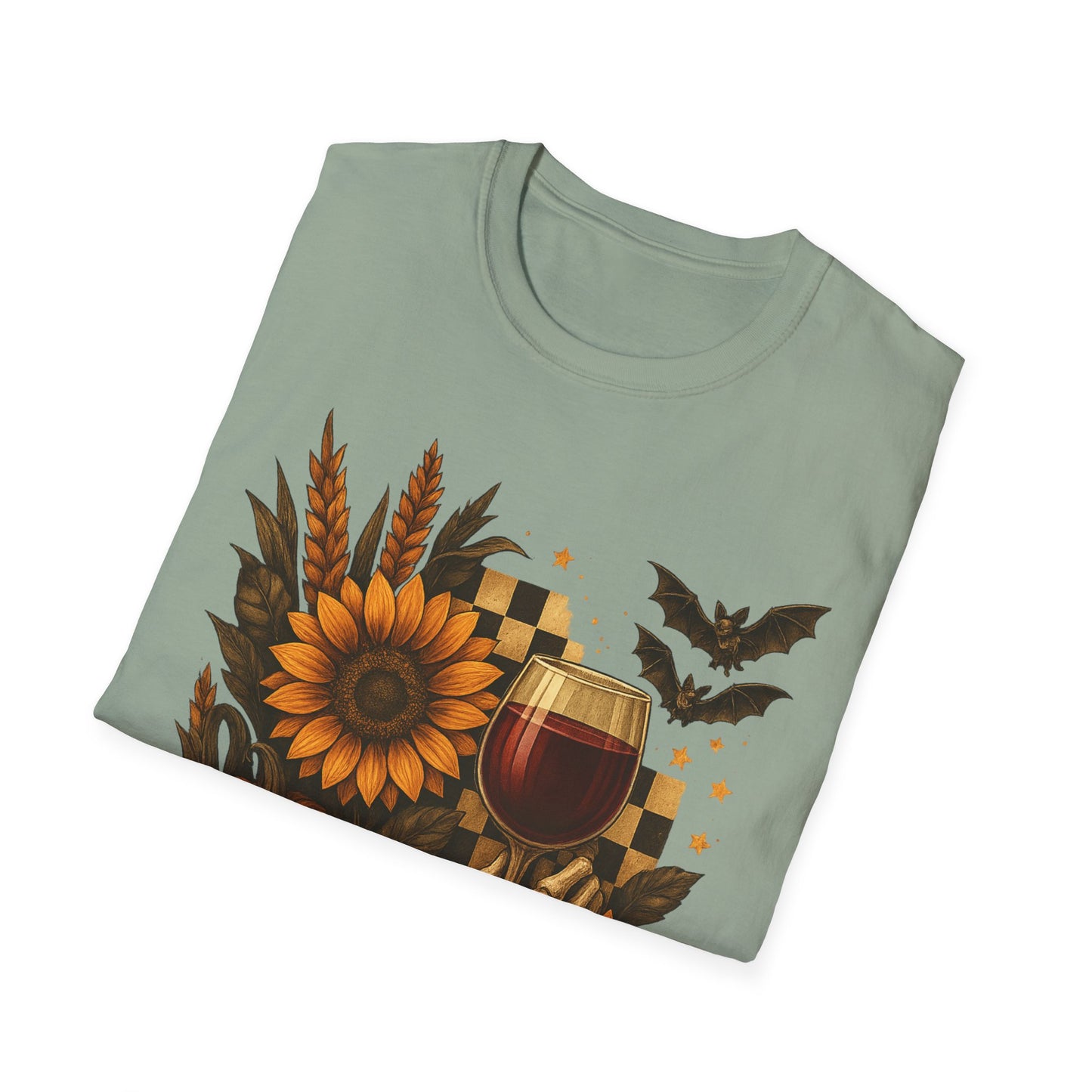 Halloween, Autumn Floral Skeleton Hand with Wine Glass Tee-Shirt