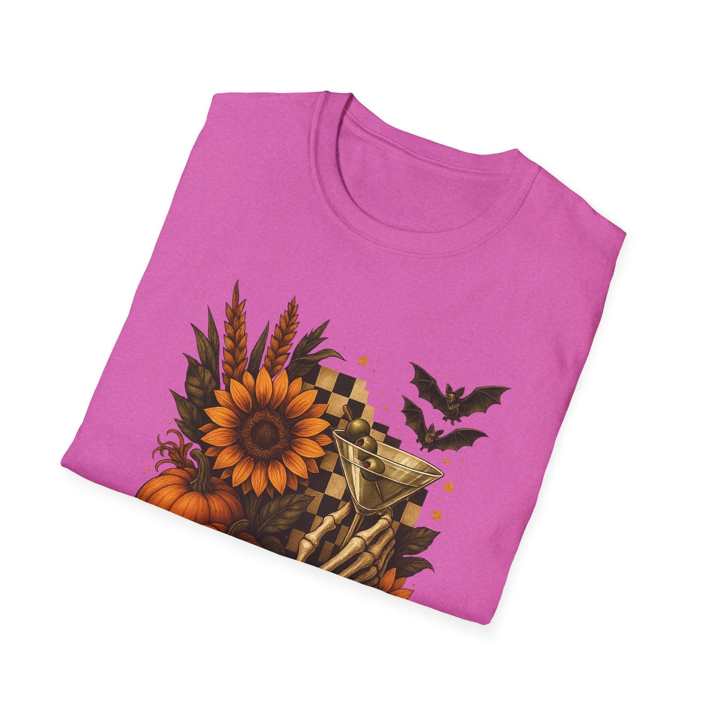 Halloween, Autumn Floral Skeleton Hand with Martini Tee-Shirt