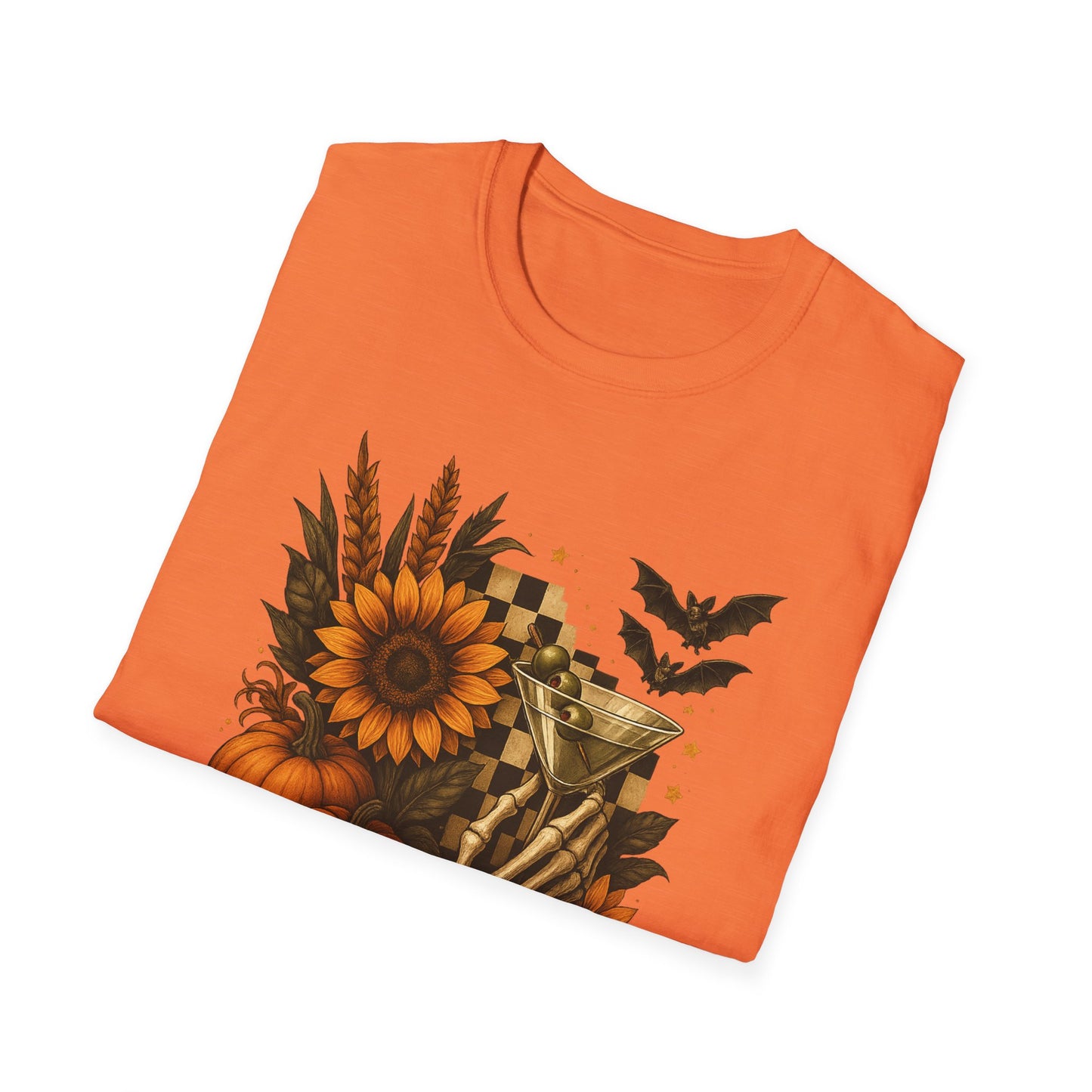 Halloween, Autumn Floral Skeleton Hand with Martini Tee-Shirt