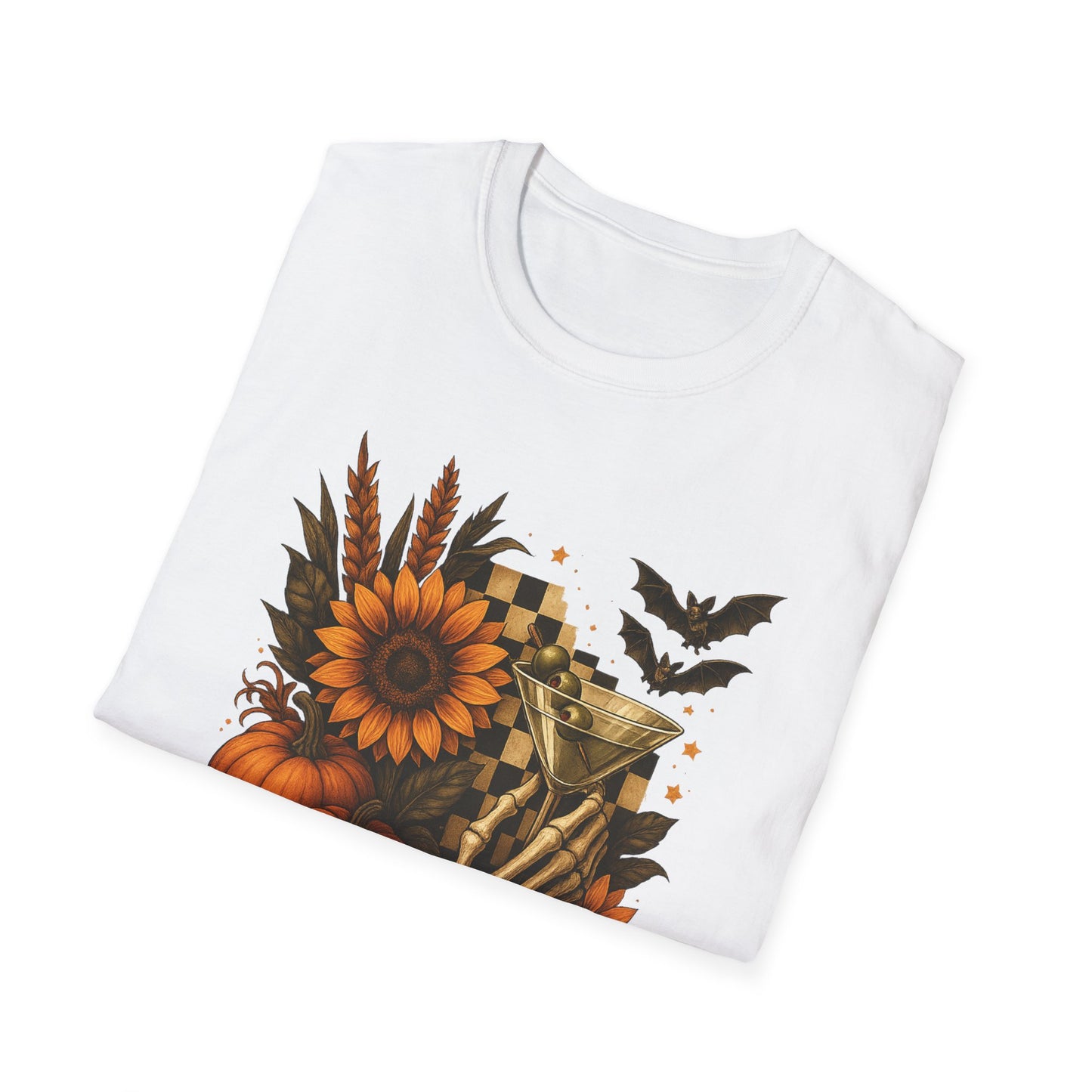Halloween, Autumn Floral Skeleton Hand with Martini Tee-Shirt