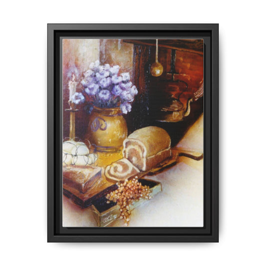 Framed Canvas Authentic 1960s Still Life Painting - "Countryside Hearth"